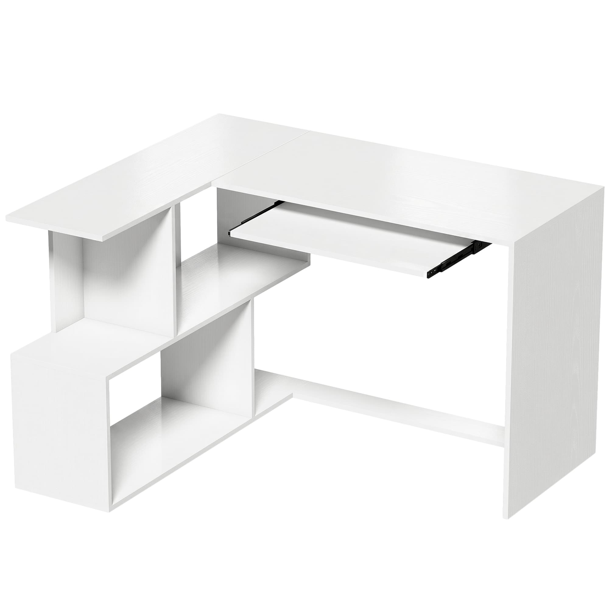 HOMCOM Bureau d'Angle, 120 x 100 x 76 cm, Bureau Informatique en L avec Plateau de Clavier, 4 Compartiments Ouverts, Blanc