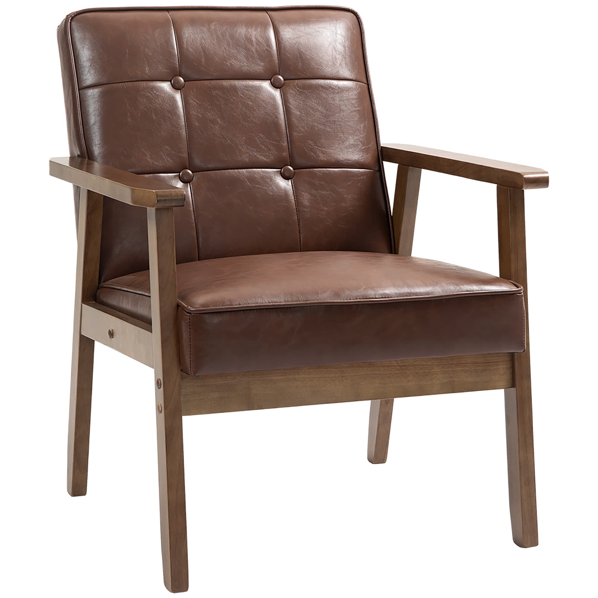 HOMCOM Fauteuil de salon, fauteuil de chambre en cuir synthétique, dossier capitonné, pieds en bois massif, 64x66x80cm, marron