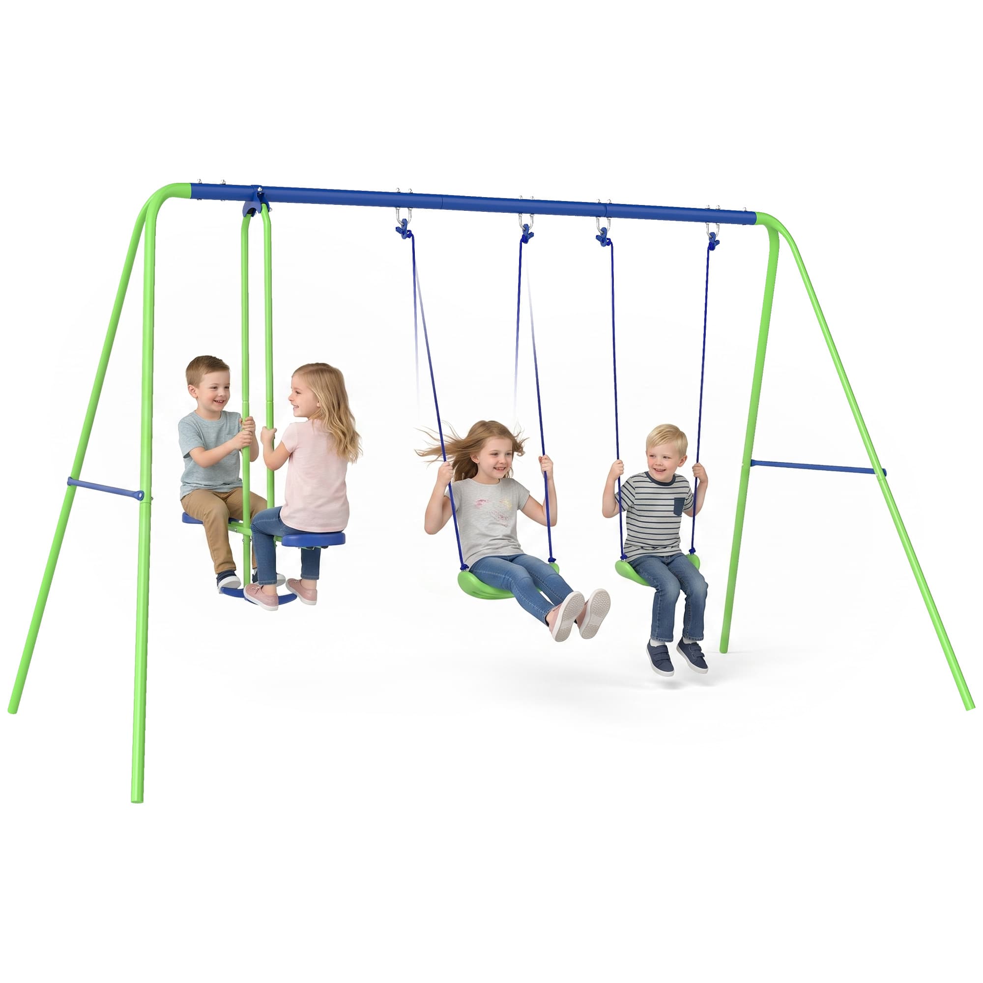 Outsunny Balançoire 3 agrès portique avec 2 balançoires et face à face métal époxy anticorrosion PE 2,8L x 1,4l x 1,78H m bleu vert