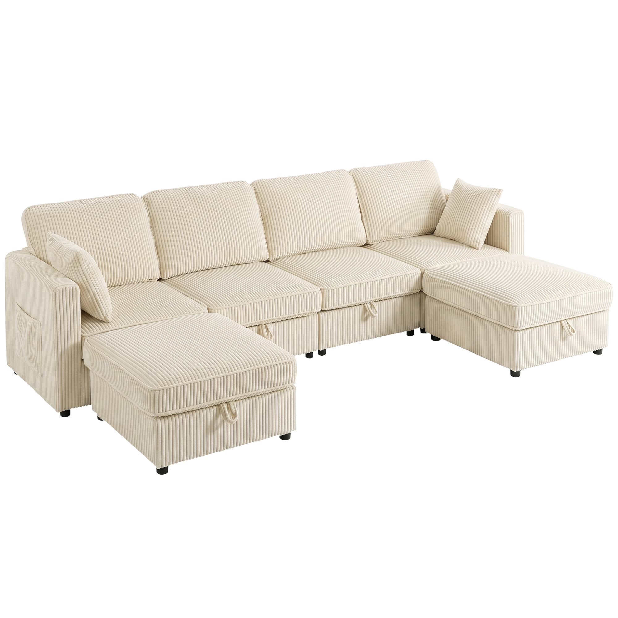 HOMCOM Canapé Modulaire en U 4 Places avec 2 Poufs Coffre en Velours Côtelé, 4 Coussins, blanc crème