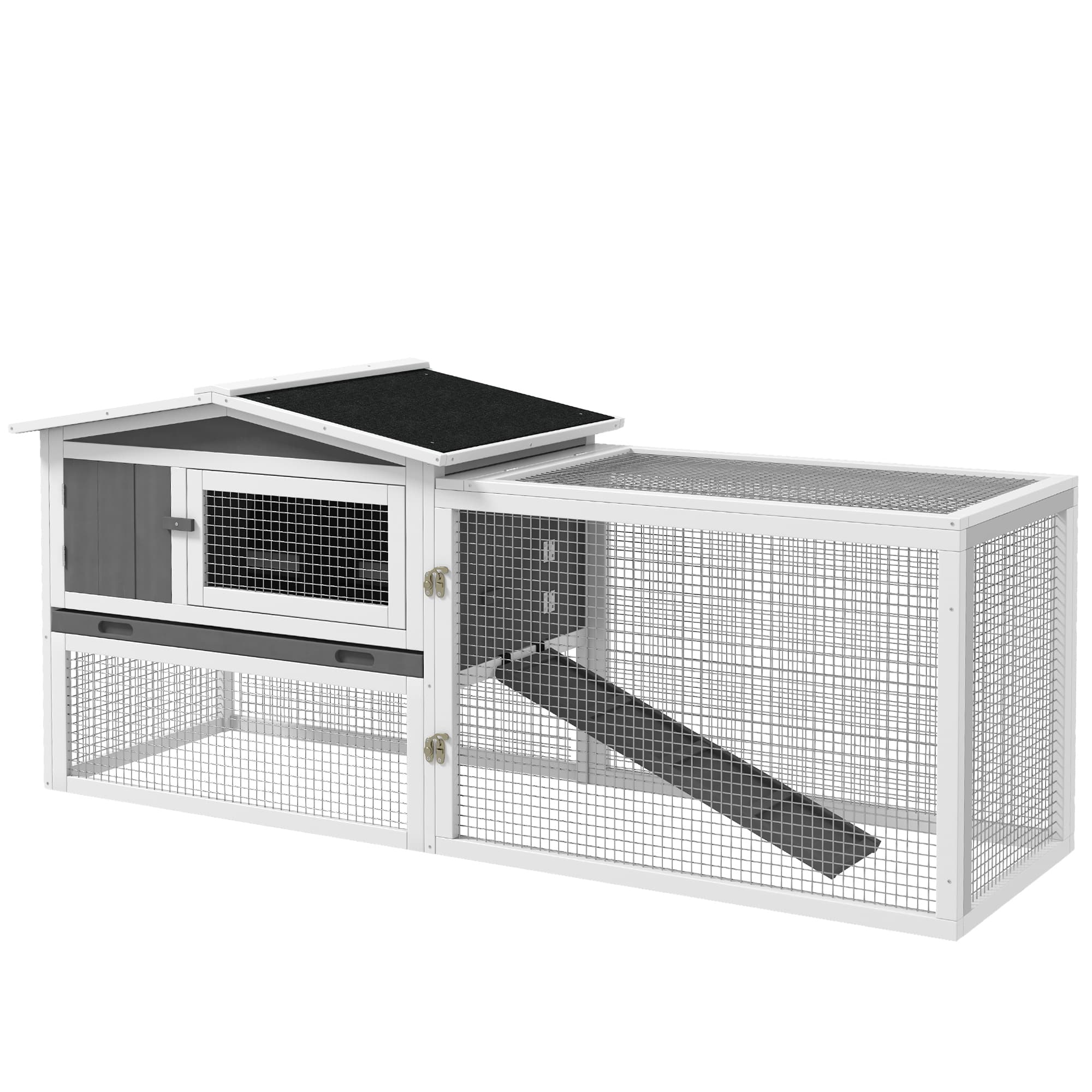 PawHut Clapier cage à lapins 2 étages tiroir déjection enclos extérieur amovible toit ouvrant 156x58x68cm bois massif pin