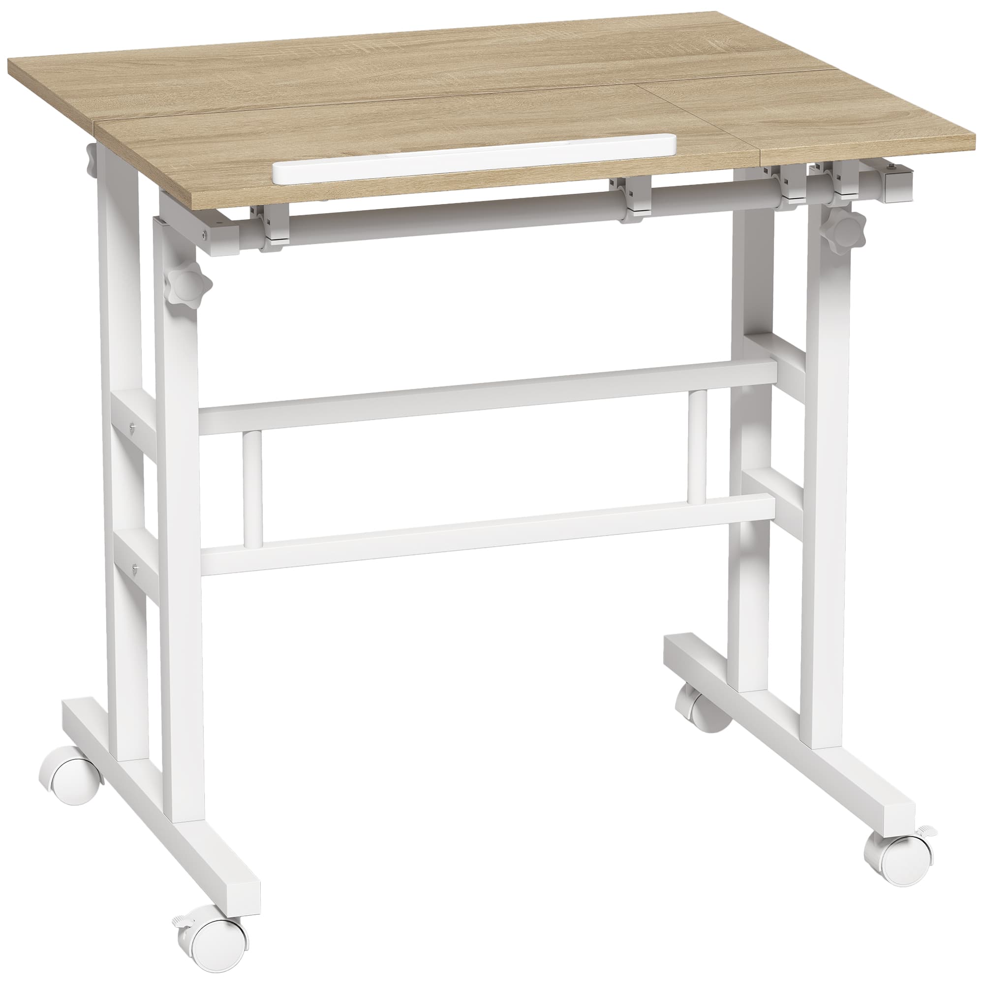 HOMCOM Bureau assis debout bureau réglable en hauteur 70 x 60 cm à roulettes avec plateau inclinable cadre en métal marron