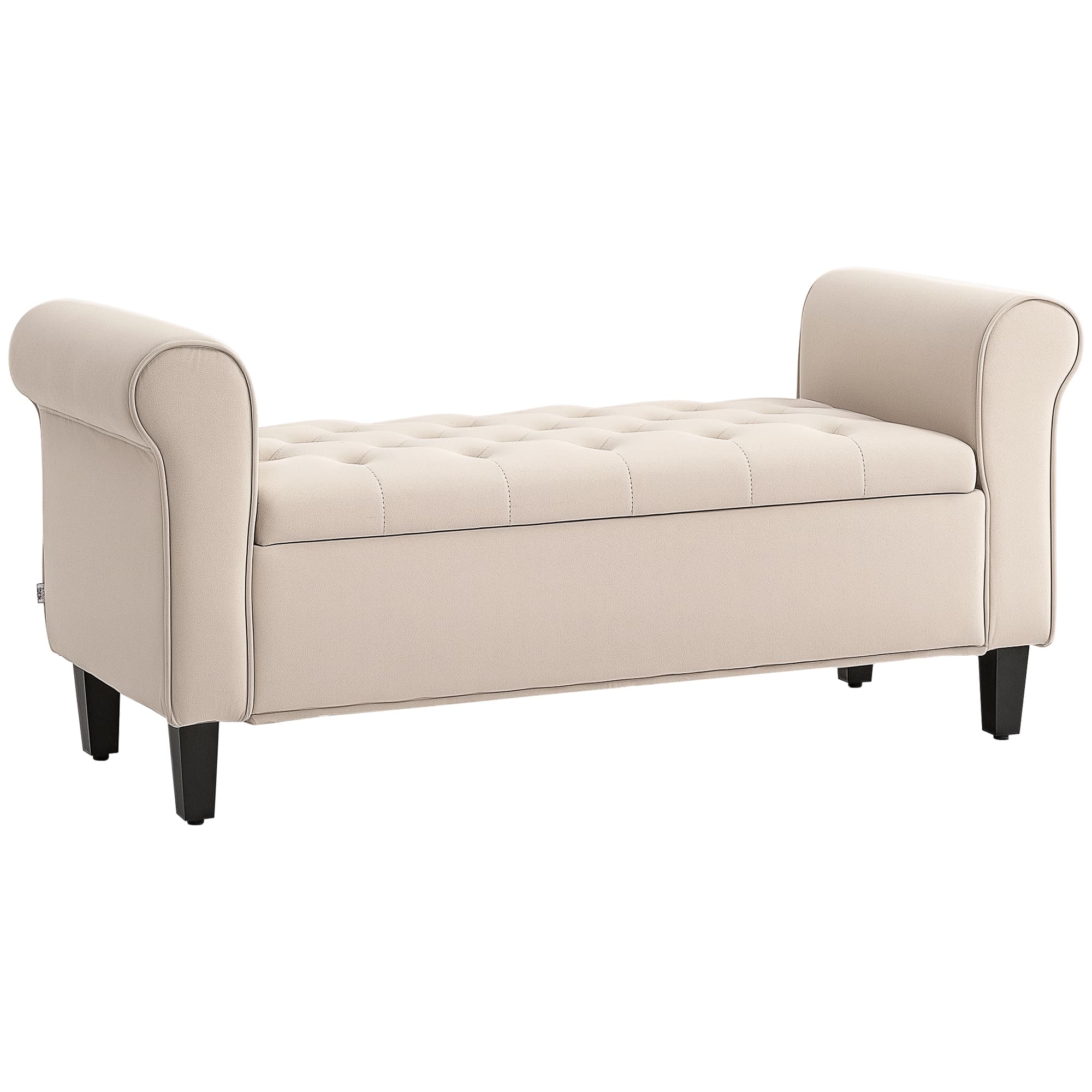 HOMCOM Banc de rangement bout de lit avec accoudoirs, tissu effet velours rembourré et capitonné, 126 x 48,5 x 57 cm, beige