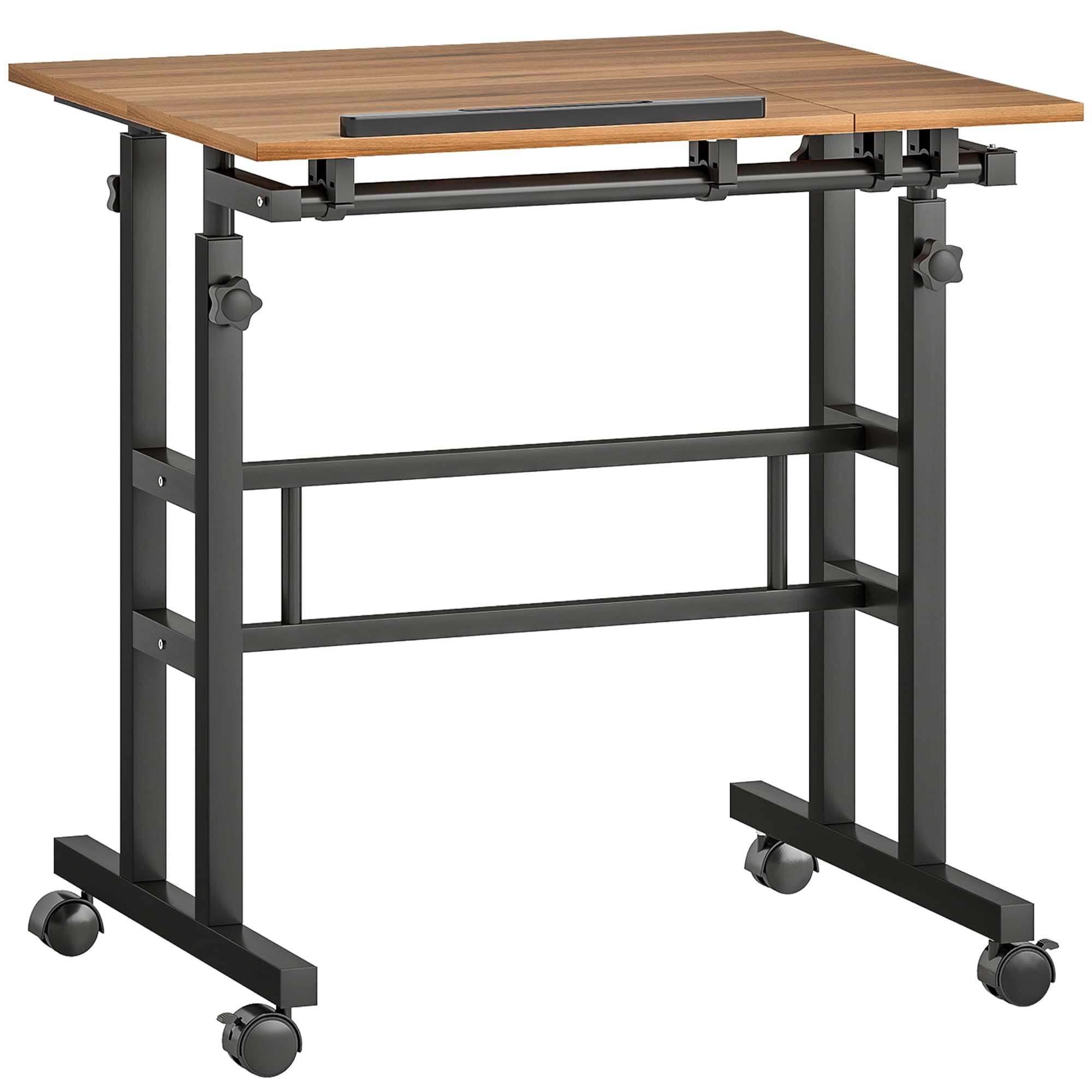 HOMCOM Bureau assis debout bureau réglable en hauteur 70 x 60 cm à roulettes avec plateau inclinable cadre en métal marron