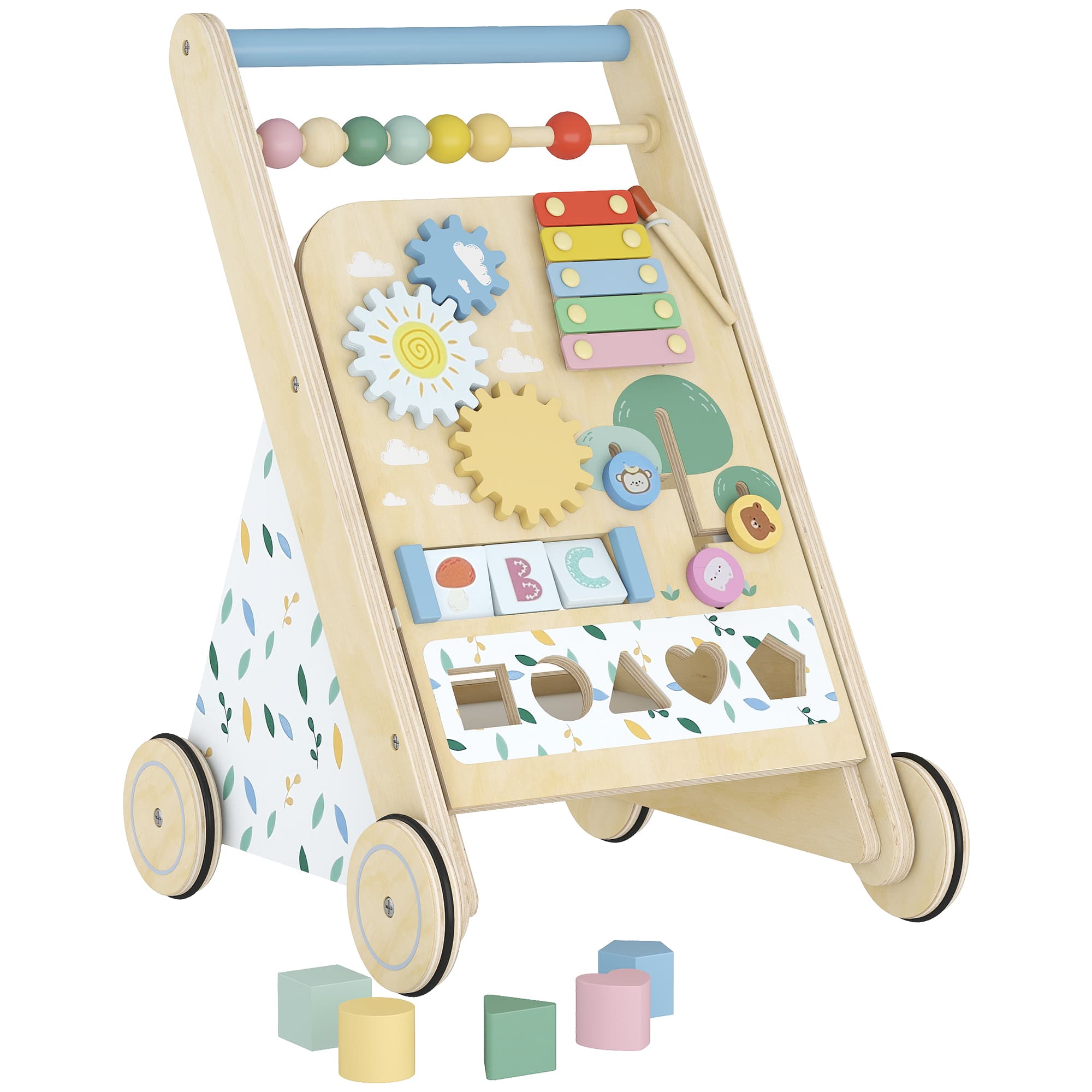 AIYAPLAY Trotteur Bebe en Bois, Chariot de Marche Bébé avec Centre d'Activités, Vitesse Réglable et 5 Blocs, dès 18 Mois, Naturel