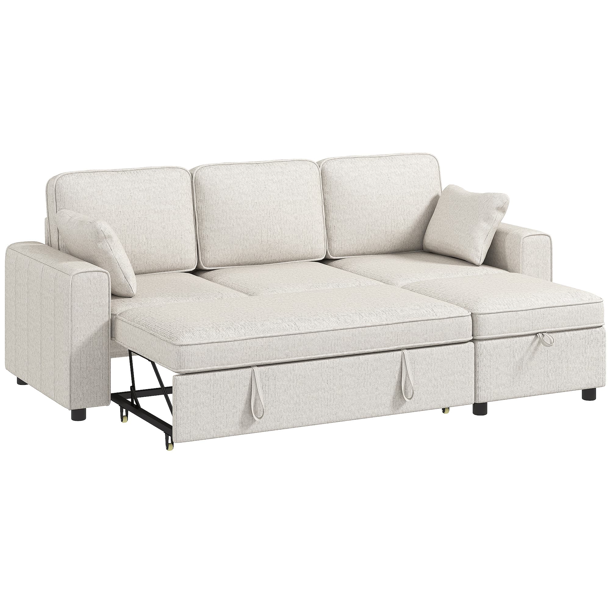 HOMCOM Canapé d'Angle Convertible en Chenille, Canapé-Lit 3 Places Modulaire 225 cm avec Pouf de Rangement, Beige
