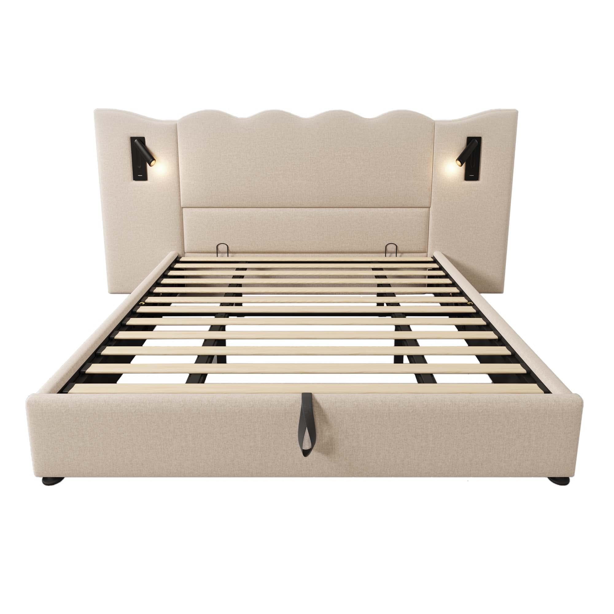 Lit rembourré Lit double 180x200 cm avec lampe de lecture pivotante, Beige Aosom France