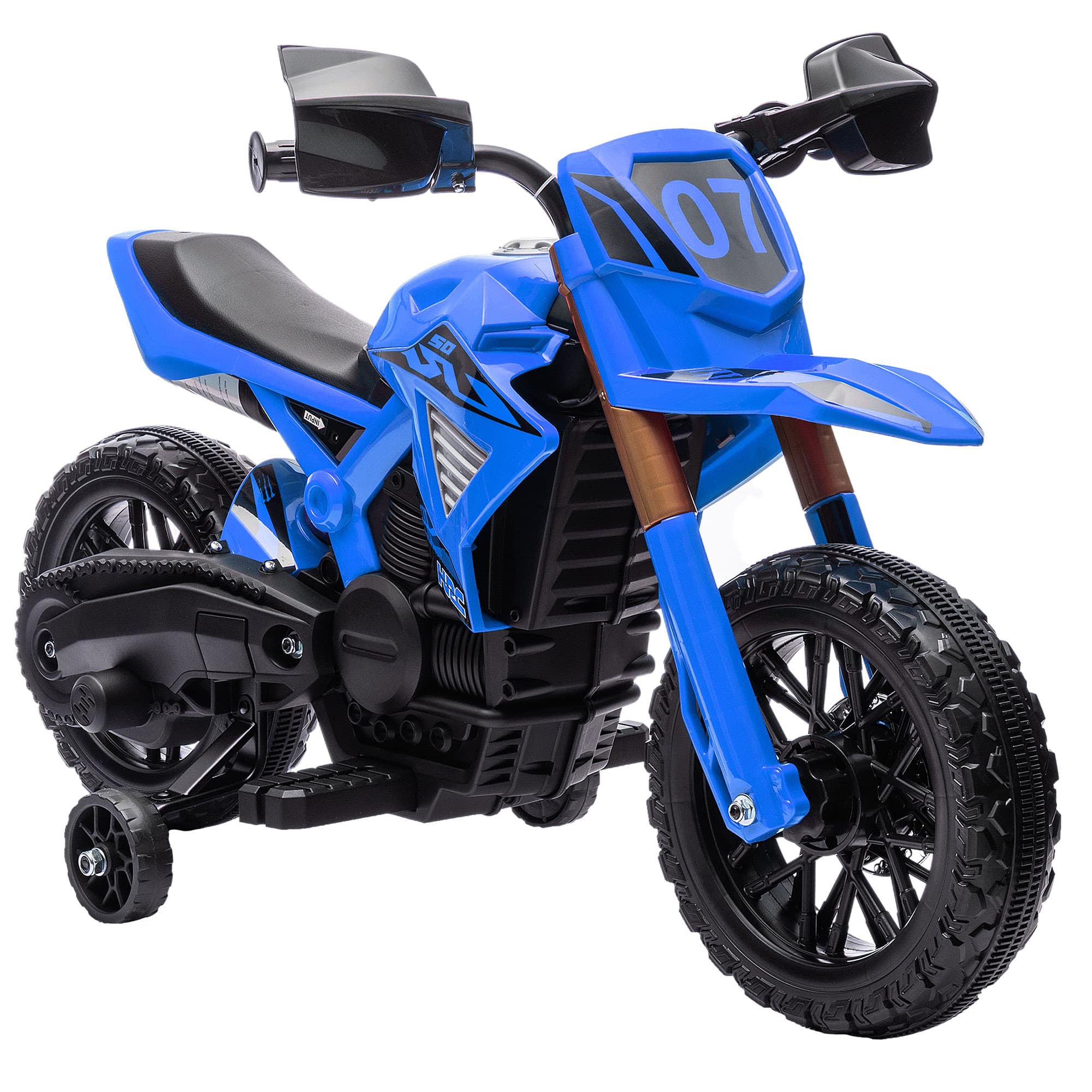 AIYAPLAY Moto cross électrique pour enfants 3-8 ans, batterie 6 V, 2 moteurs, klaxon et roues d'entraînement, charge 30KG, bleu