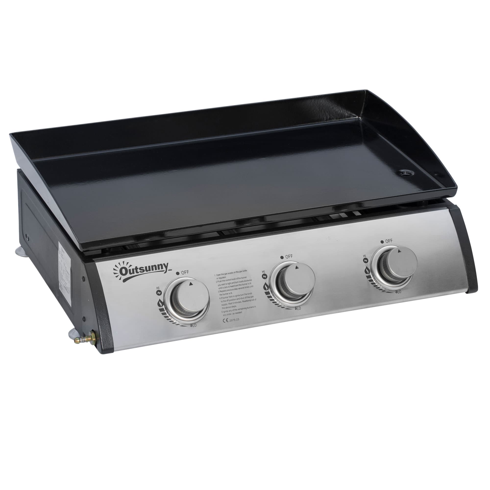 Outsunny Plancha gaz barbecue à gaz en acier inox 3 brûleurs 9 kW antiadhésive grande surface de gril 61 x 35,5 cm Aosom France