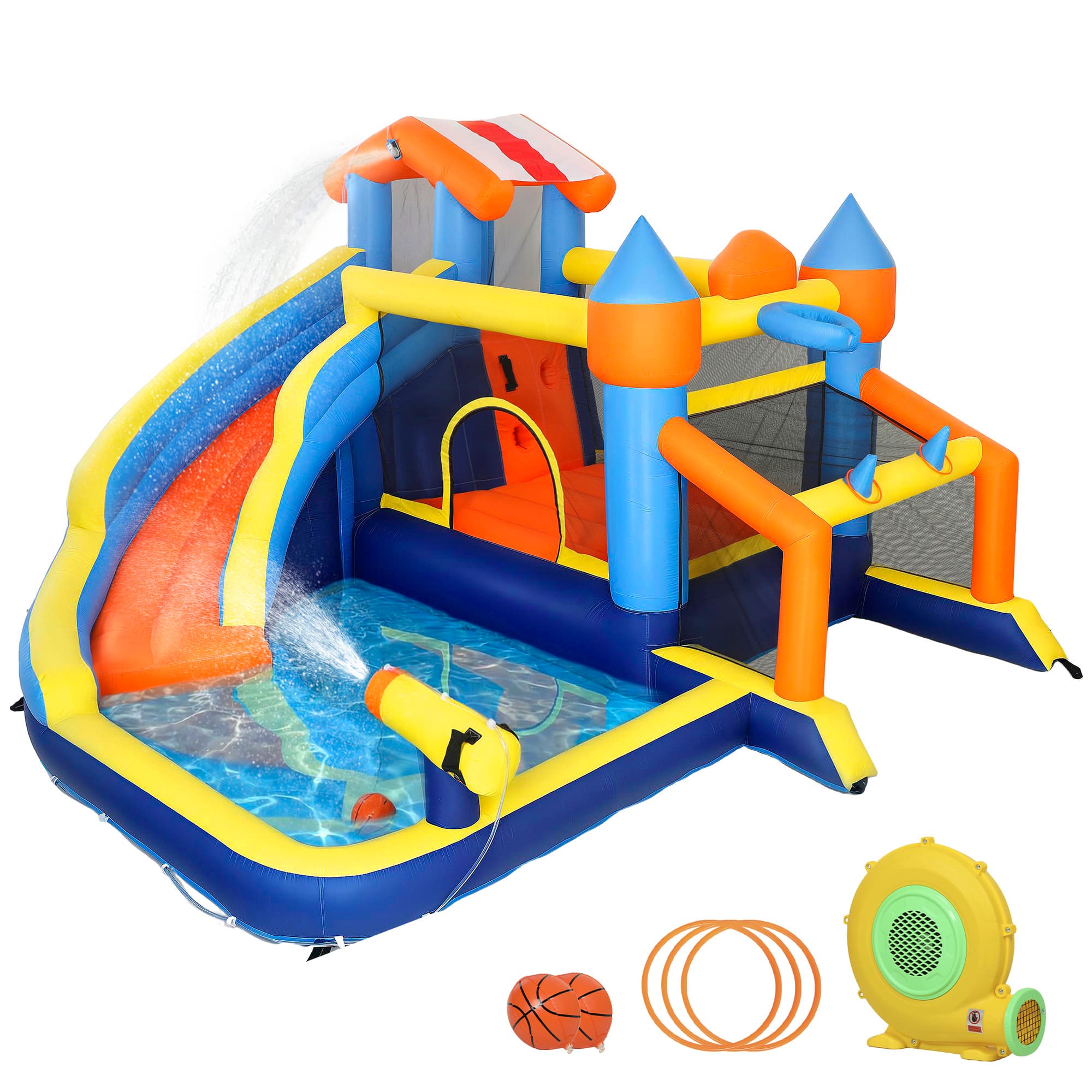 AIYAPLAY Château gonflable avec souffleur 8 en 1, parc aquatique, toboggan, trampoline, piscine à balles, multicolore