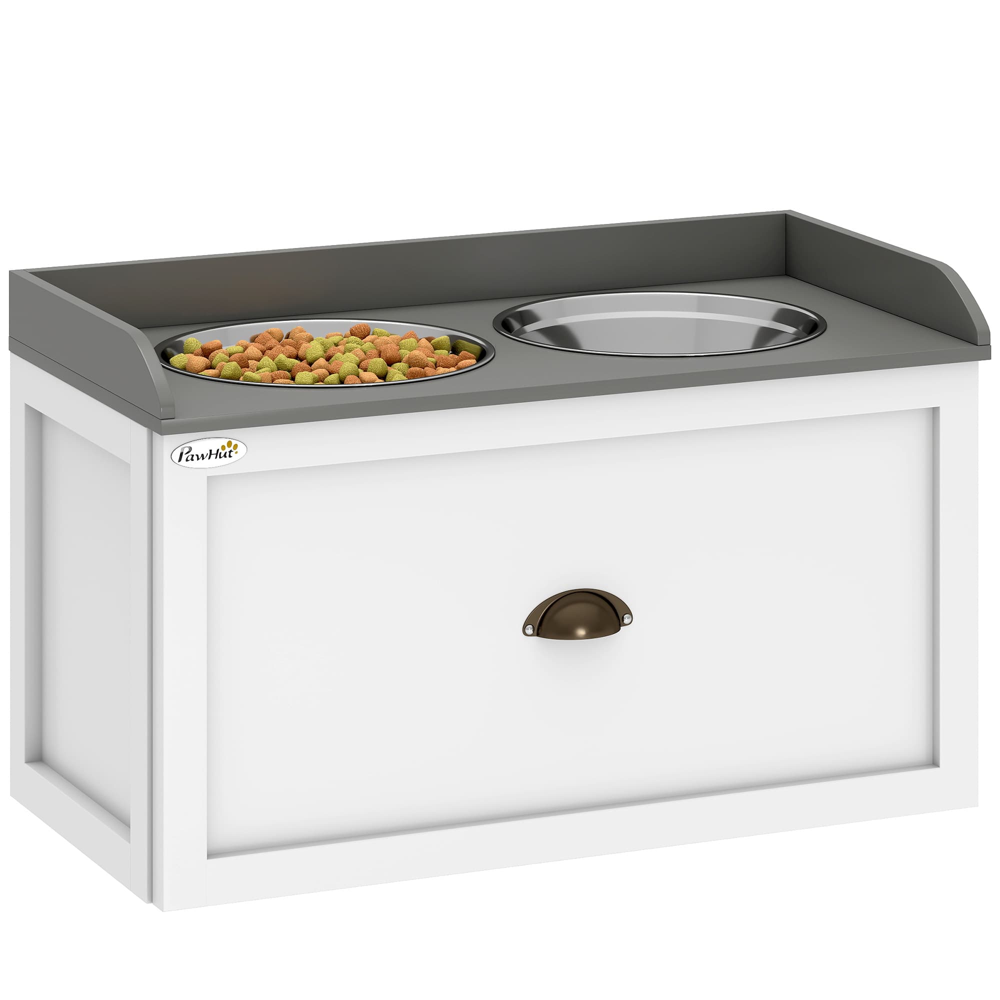 PawHut Gamelle double chien chat porte-gamelles surélevé avec 2 bols en acier inoxydable tiroir dim. 60L x 30l x 36H cm blanc