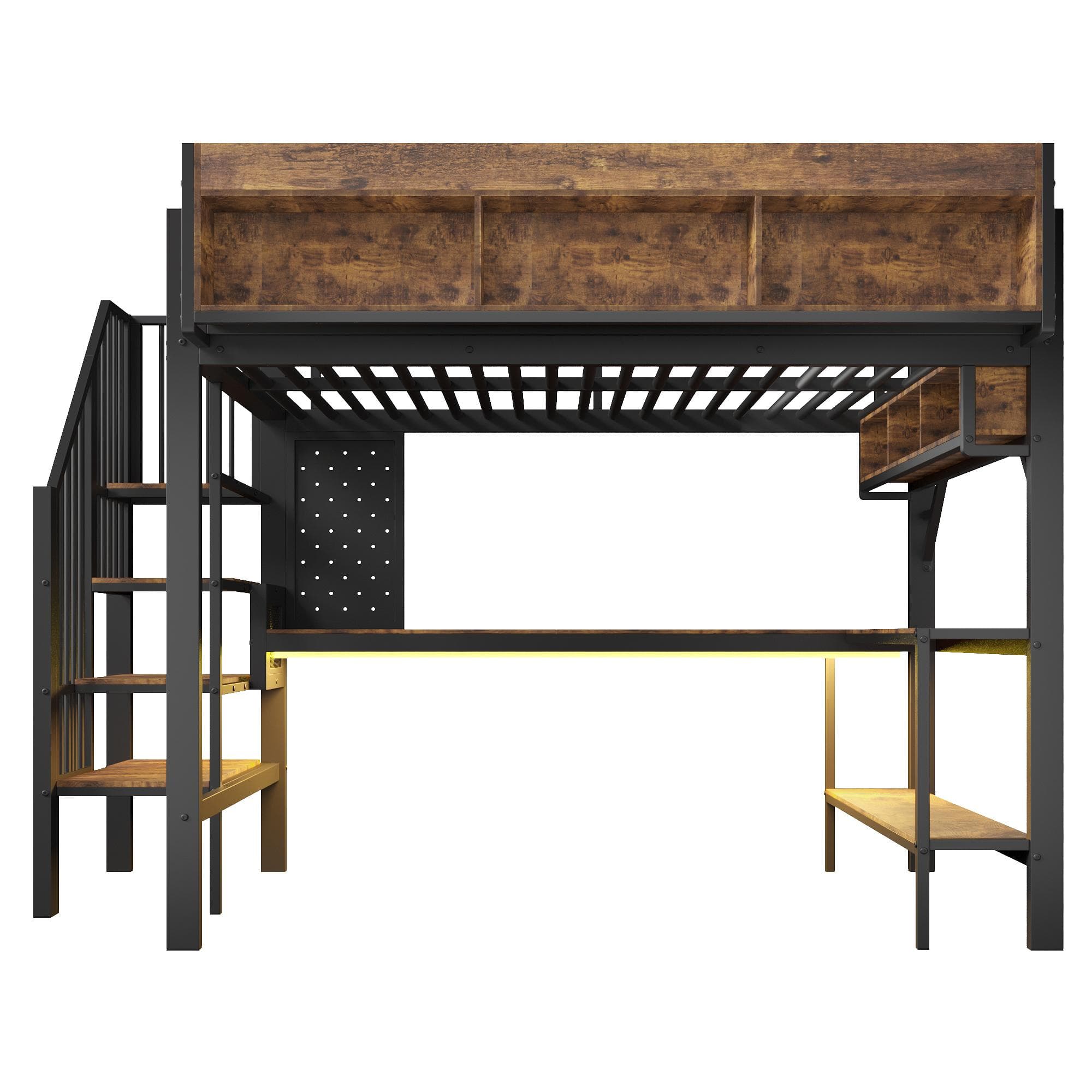 Lit mezzanine 140x200 cm style vintage avec bureau d'angle, Marron+Noir Aosom France