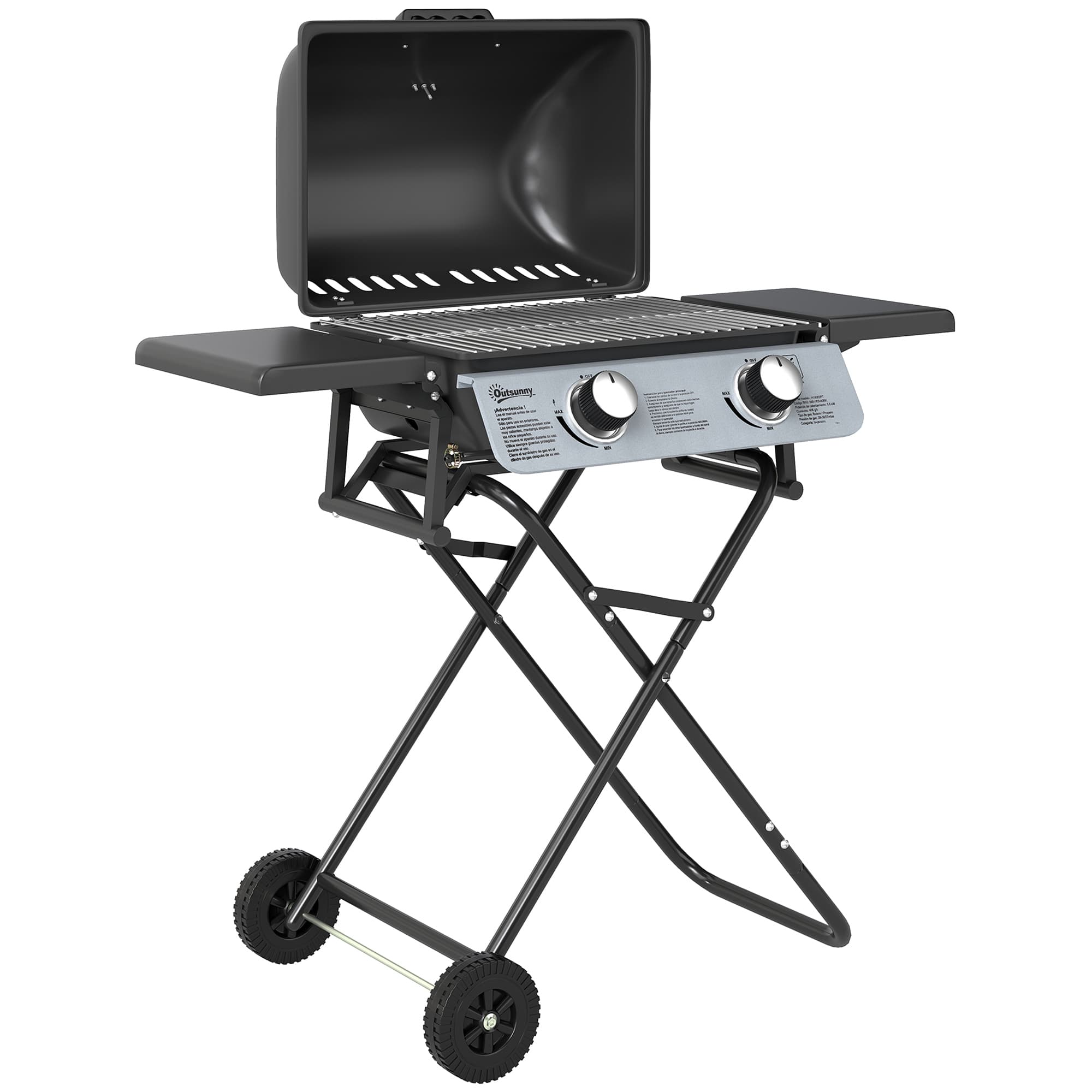 Outsunny Barbecue gaz transportable, 2 brûleurs 5,6 kW, barbecue gaz de camping avec étagères latérales thermomètre et roues, noir