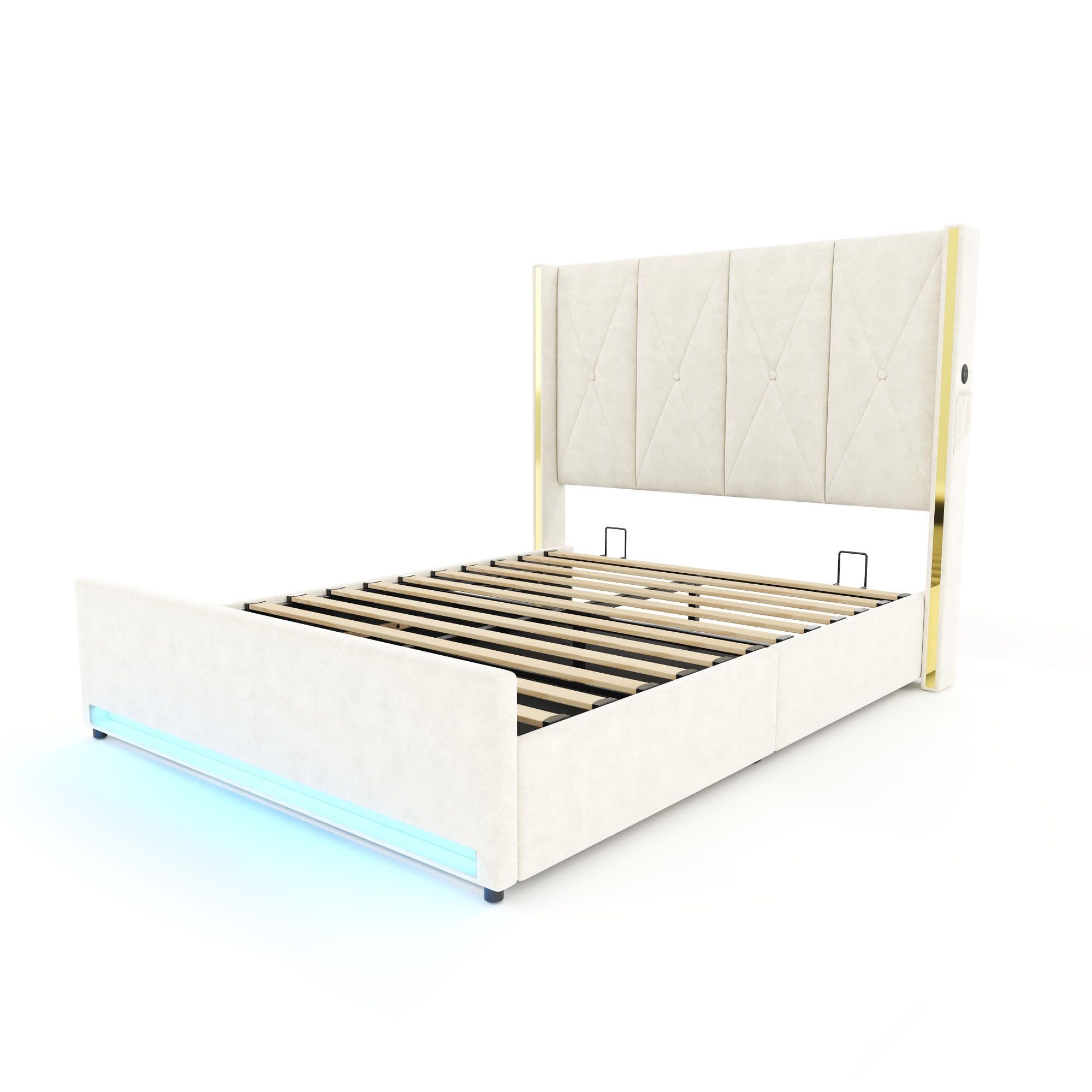 Lit en velours avec tête de lit rembourrée et matelassée, Beige Aosom France