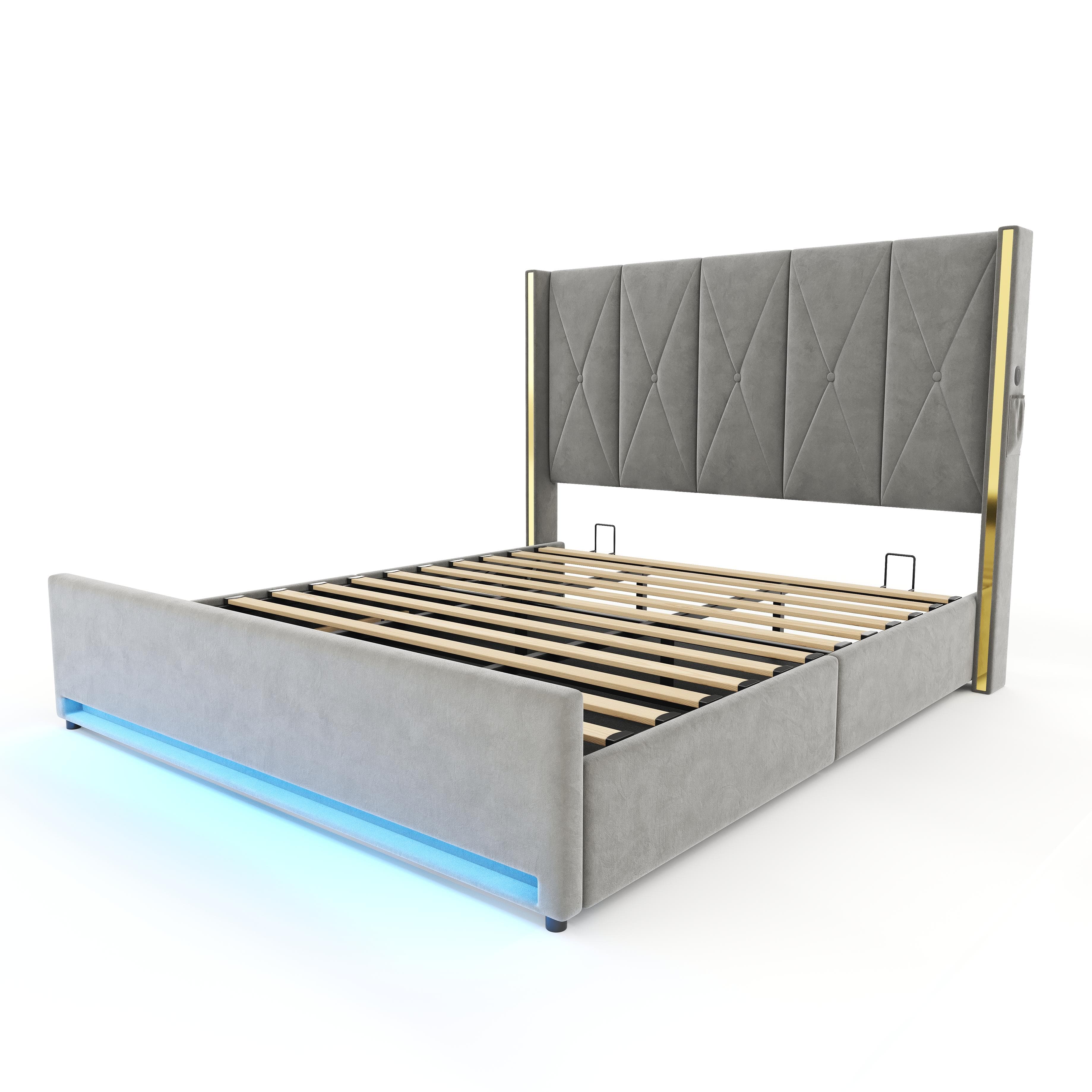 Lit en velours avec tête de lit rembourrée et matelassée, Gris foncé Aosom France