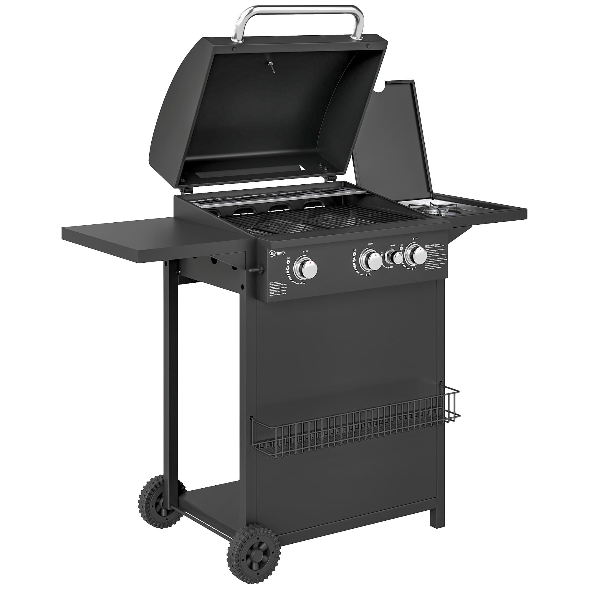 Outsunny Barbecue gaz 3+1 brûleurs en acier, puissance 9,5 kW, barbecue de jardin 2 grilles étagères latérales, 2 roues, noir