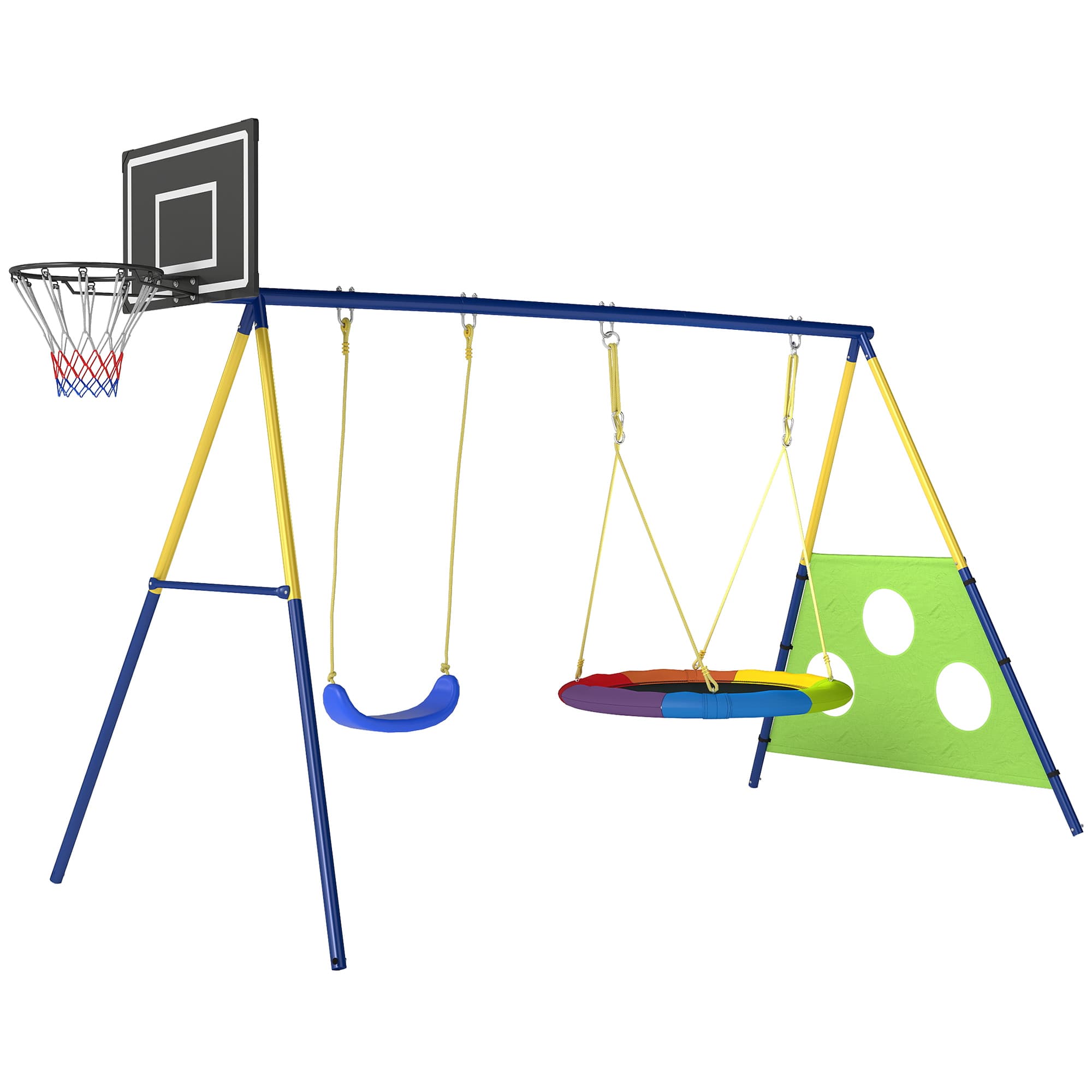 AIYAPLAY Balançoire Portique Enfants 4-en-1, avec Balançoire Nid, Panier de Basket et Cage de Football, Aire de Jeux, Multicolore