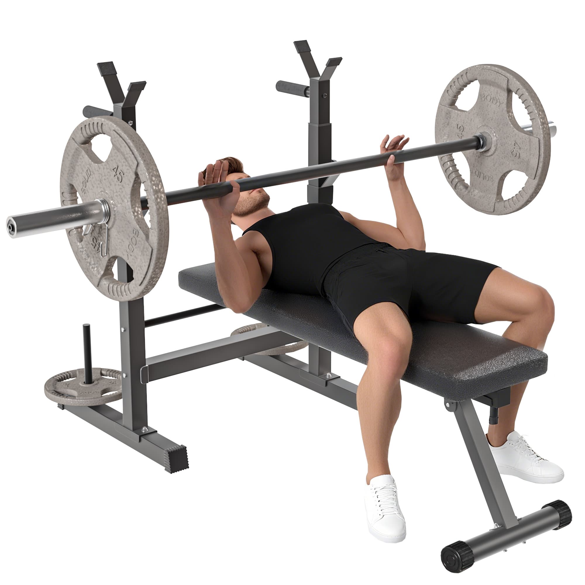 HOMCOM Banc de musculation pliable avec support d'haltères réglable et poignées dips - fitness