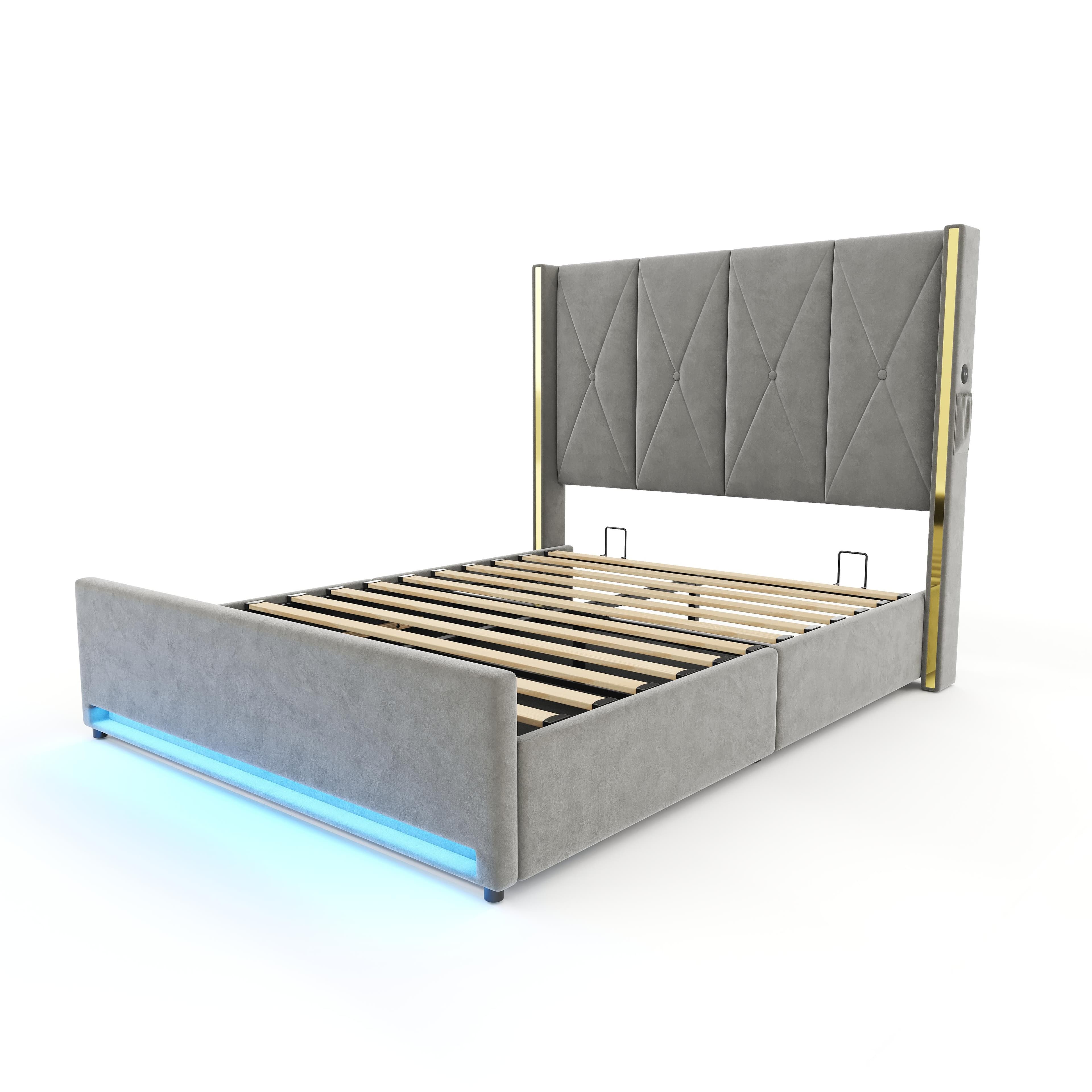 Lit en velours avec tête de lit rembourrée et matelassée, Gris foncé Aosom France
