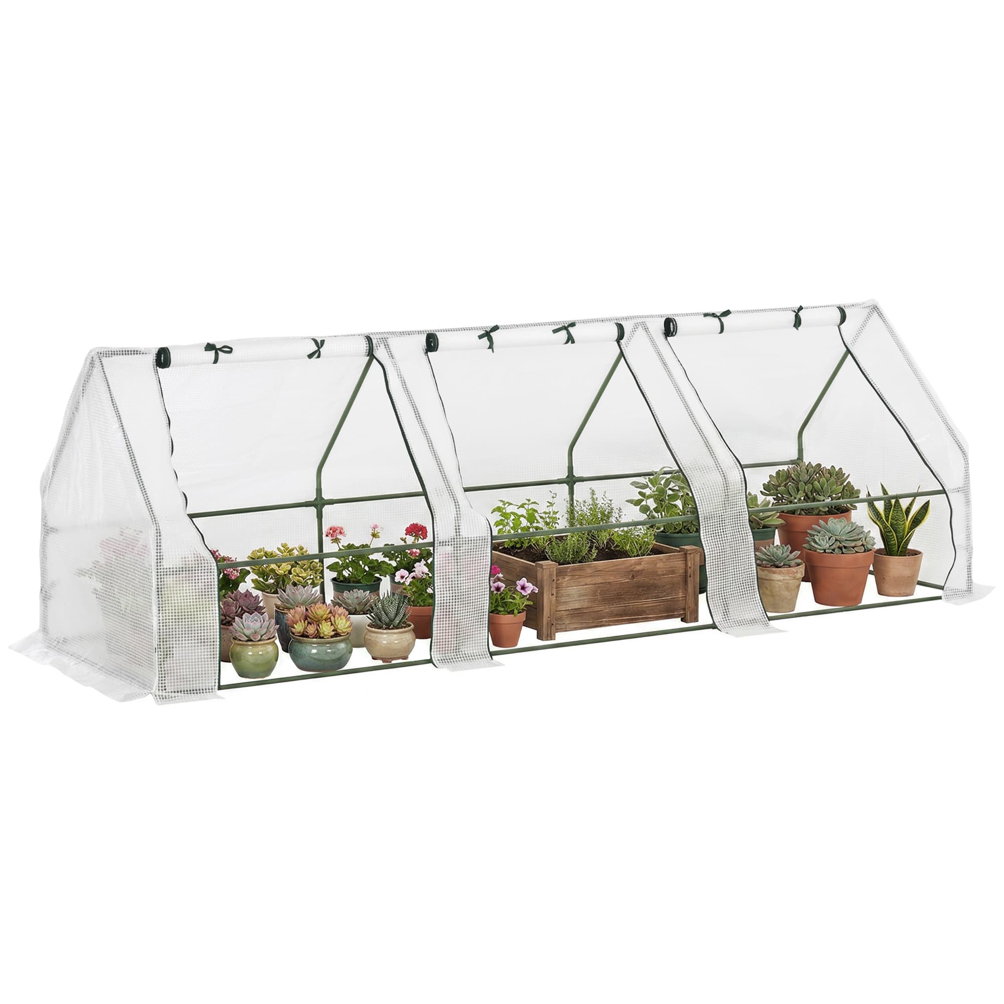 Outsunny Mini Serre de Jardin 270L x 90l x 90H cm Acier PE Haute densité 140 g/m2 Anti-UV 3 fenêtres avec Zip enroulables Blanc