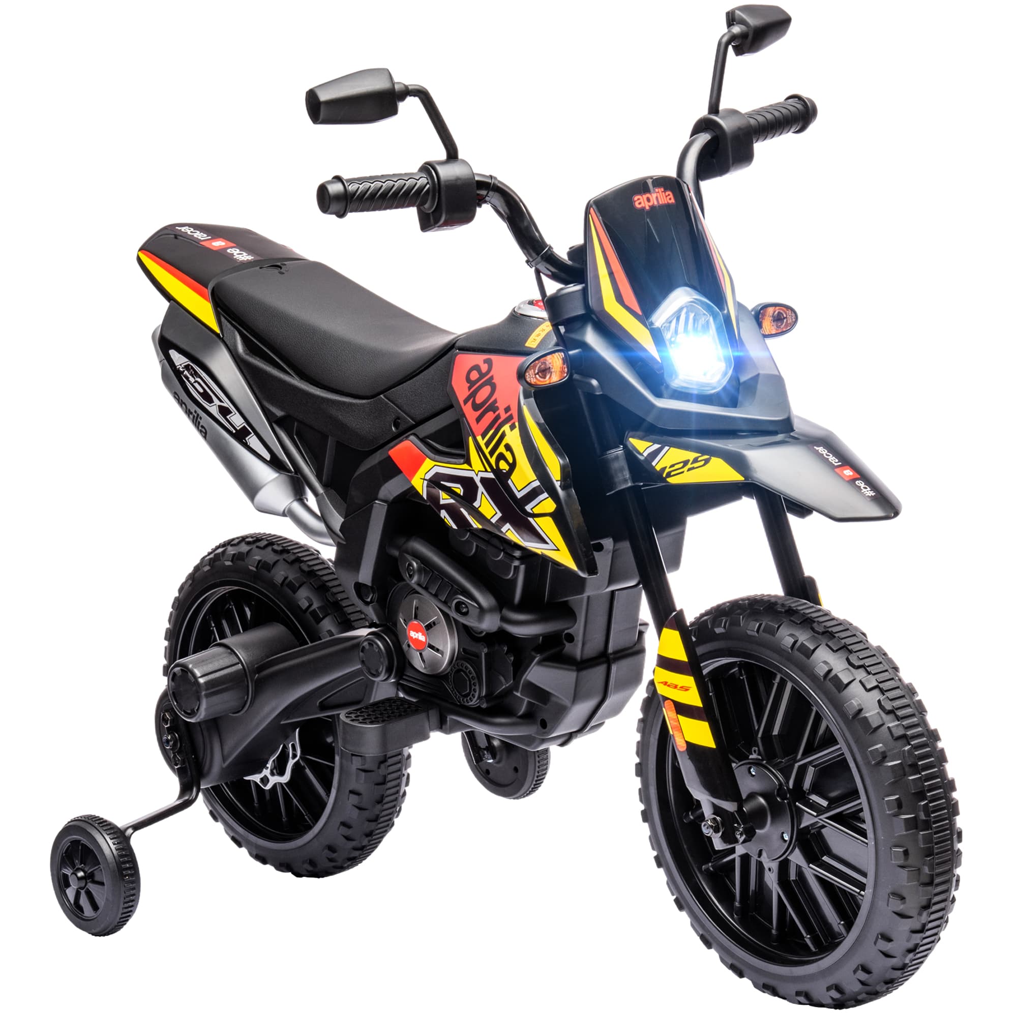 AIYAPLAY Moto électrique enfants sous licence Aprilia avec 2 moteurs 12V, roues d'entraînement, lumière LED, musique - jaune