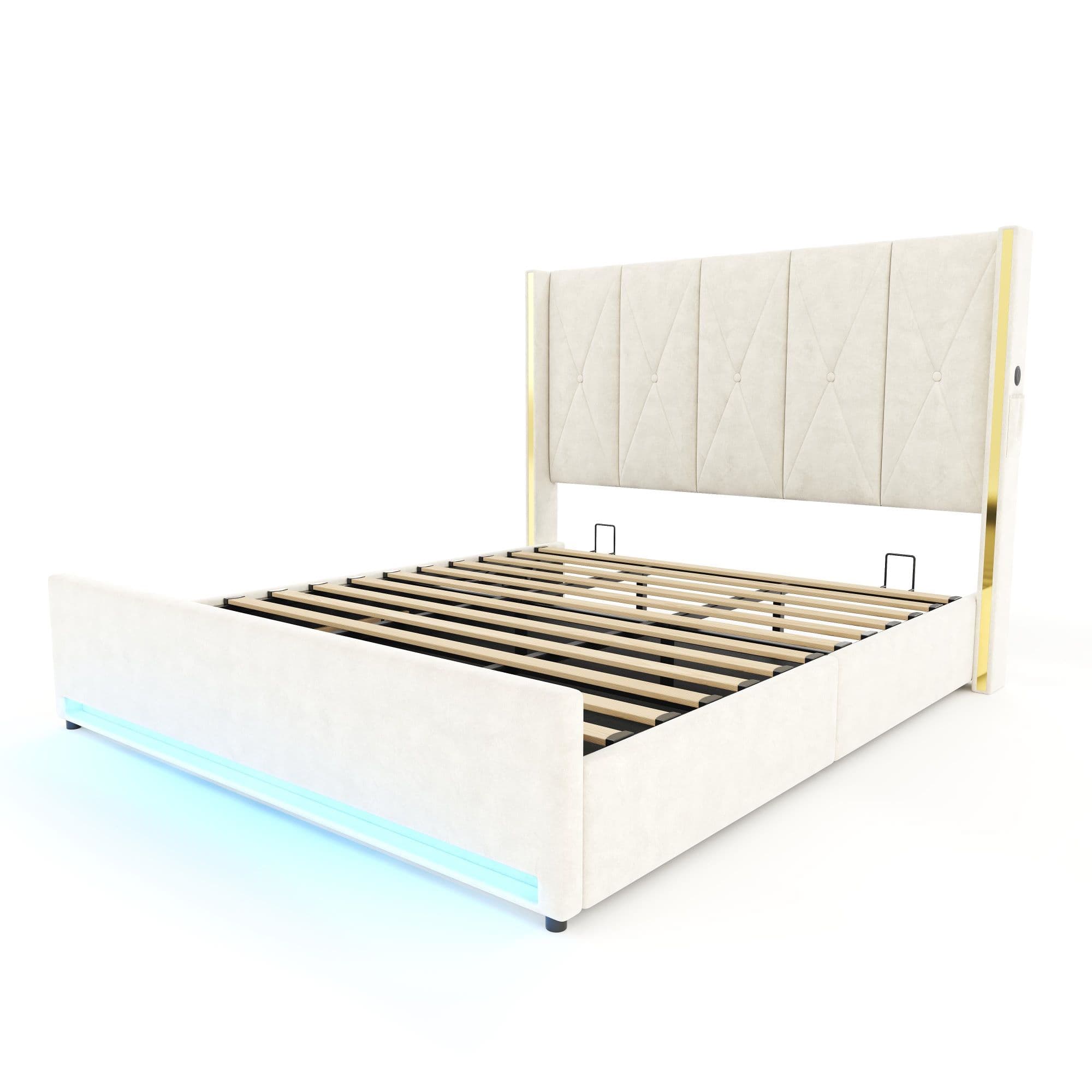 Lit en velours avec tête de lit rembourrée et matelassée, Beige Aosom France