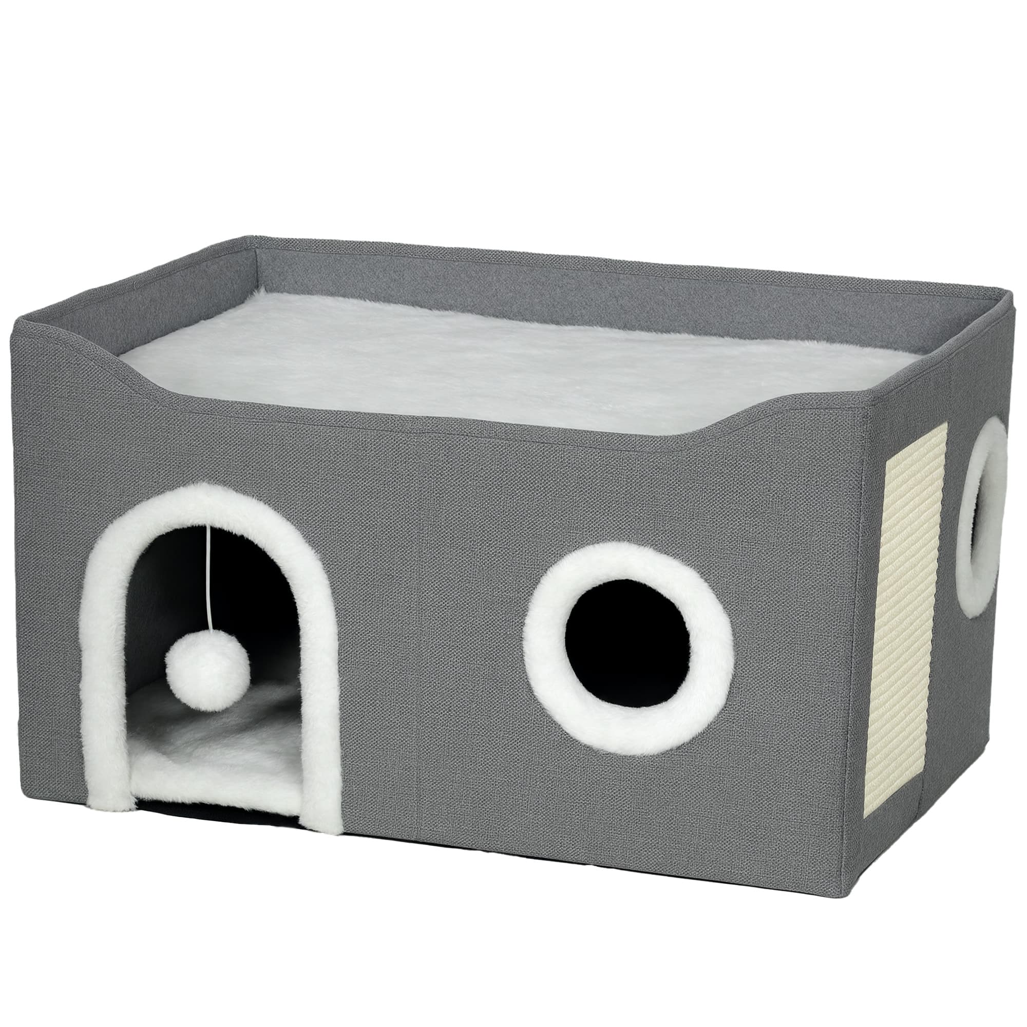 PawHut Lits d'Intérieur Pliables pour Chat, avec Griffoir, Lit Surélevé, 3 Entrées, Jouet Suspendu, 60 x 40 x 34 cm, Gris