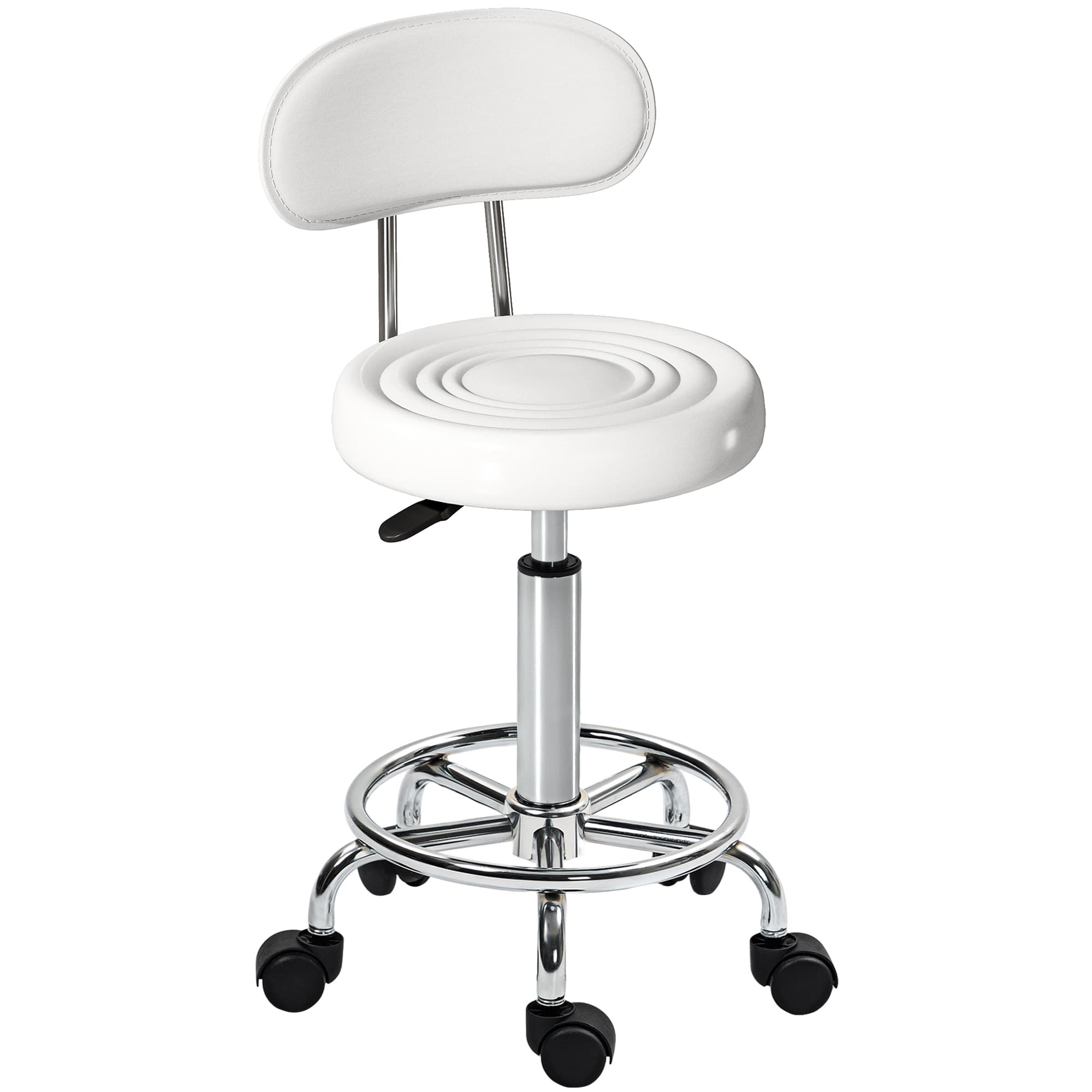 HOMCOM Tabouret à roulettes, tabouret de massage avec hauteur réglable 70-86 cm et dossier, pivotant 360°, blanc