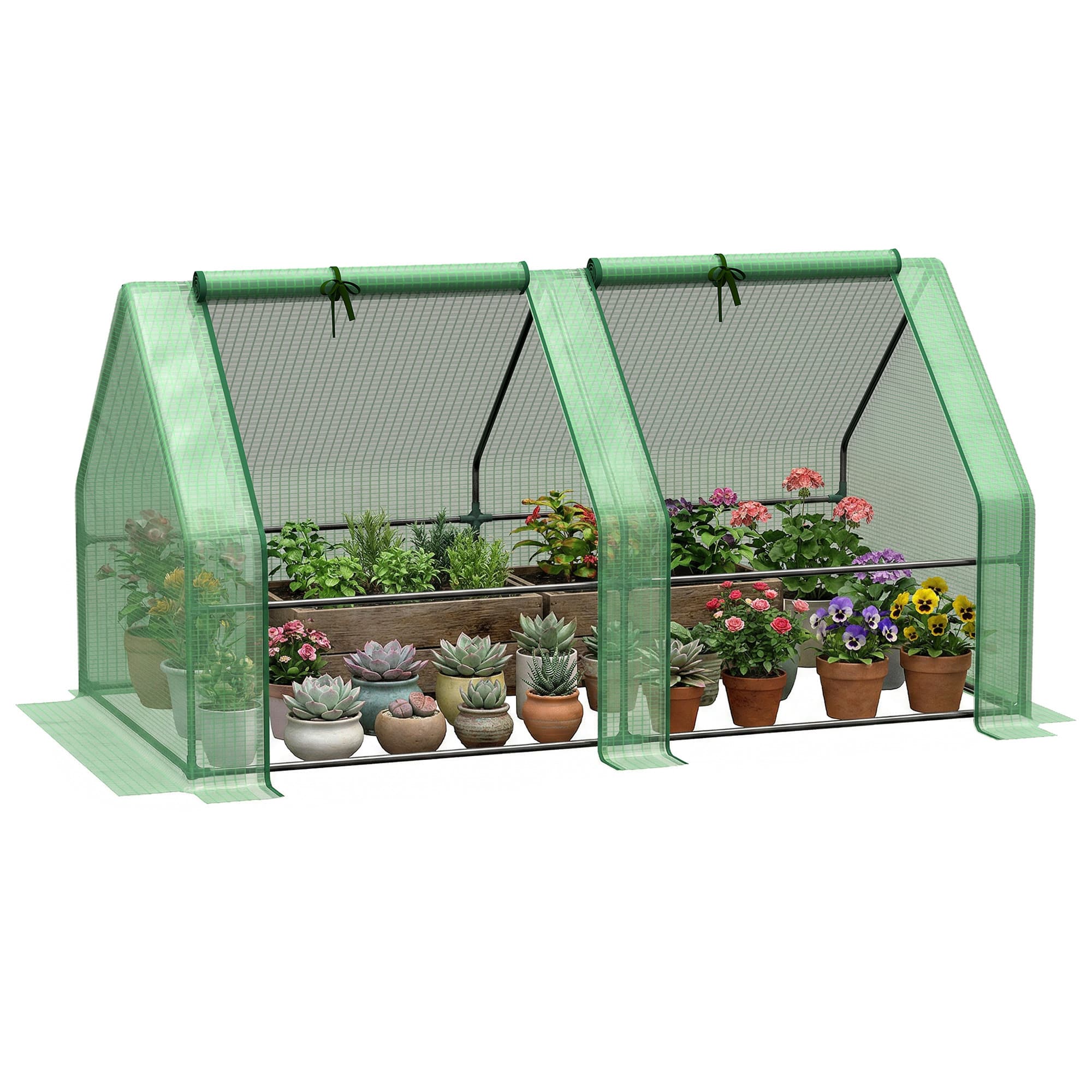 Outsunny Mini Serre de Jardin mini serre tunnel 180x90x90cm toit pointu Acier PE Haute densité 140 g/m2 Anti-UV 2 fenêtres avec Zip enroulables Vert