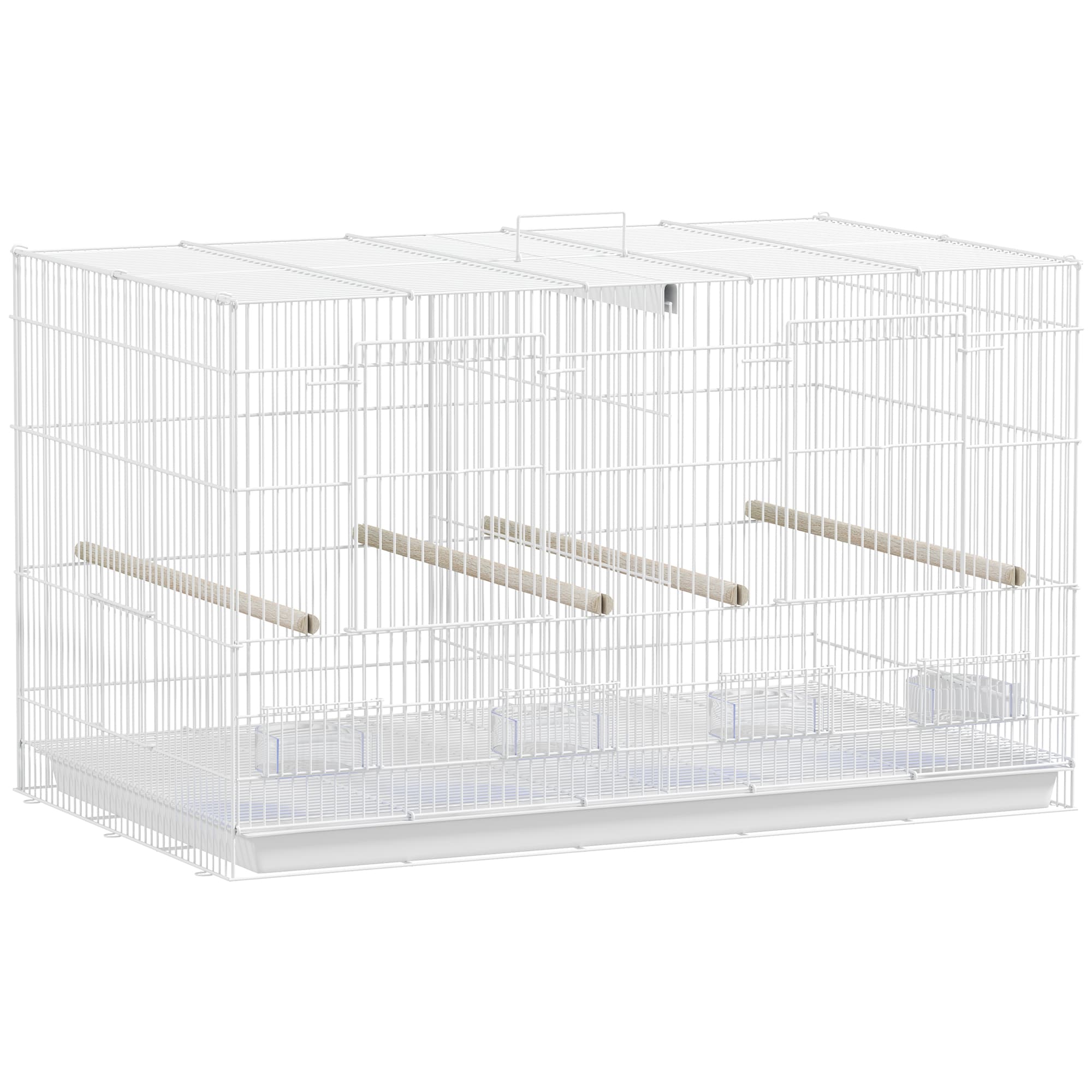 PawHut Cage à Oiseaux Volière Intérieur Acier avec Séparateur, 4 Perchoirs, Plateau Coulissant, 4 Mangeoires, 76x46x46cm, Blanc