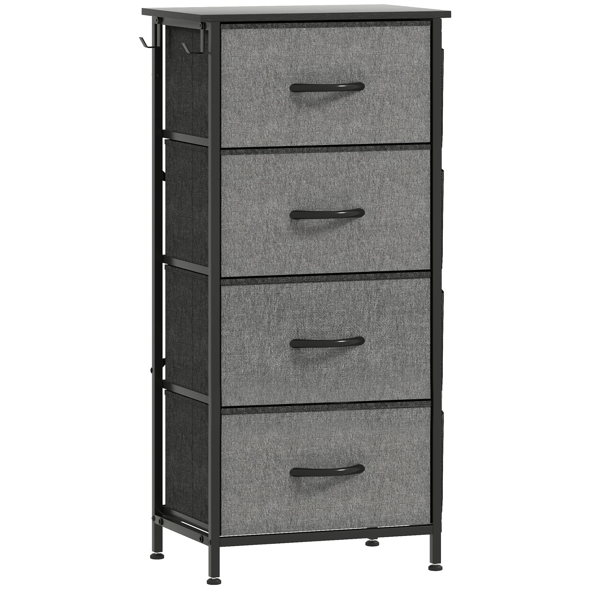 HOMCOM Commode 4 tiroirs en tissu, meuble de rangement avec 4 poches, 2 crochets, structure en acier, 45 x 30 x 94,5 cm, gris