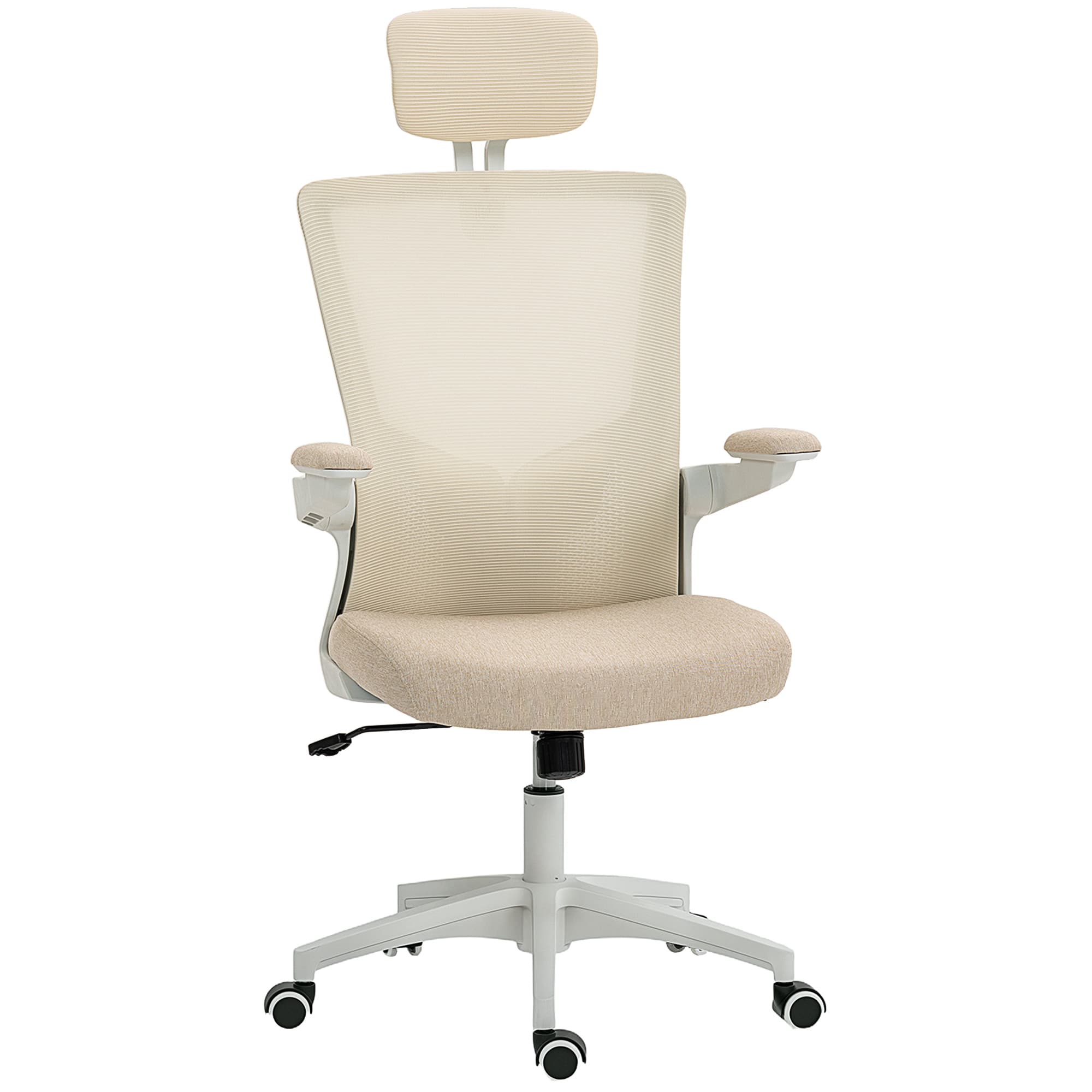 HOMCOM Chaise bureau ergonomique, fauteuil de bureau, accoudoirs relevables, soutien lombaire, appui-tête, 60x63x120cm, beige