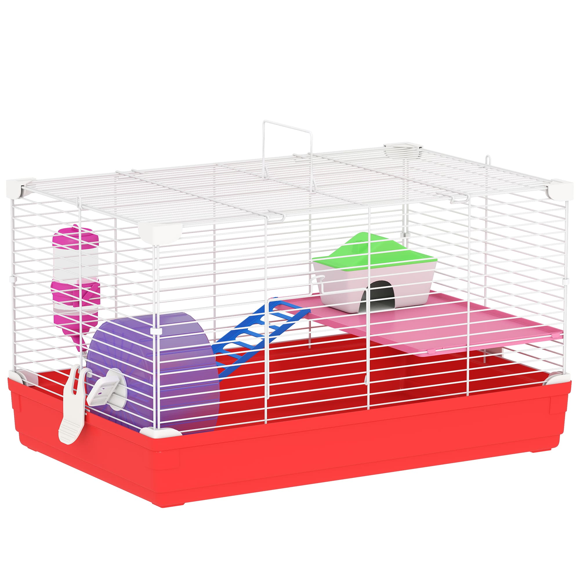 PawHut Cage hamster, cage rongeur à 2 niveaux, base amovible nettoyage facile, cabane, roue d'exercice, 47 x 30 x 27 cm, blanc