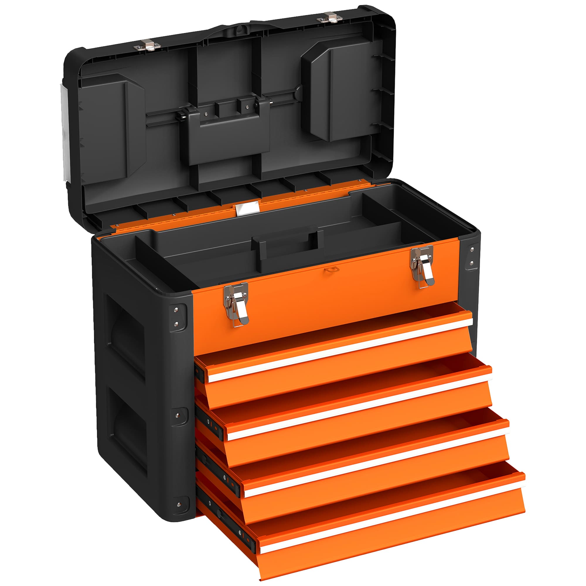 HOMCOM Boîte à Outils à 4 Tiroirs, Caisse à Outils en Acier Thermolaqué avec Plateau Amovible, 49,7x25,3x40,7cm, Orange