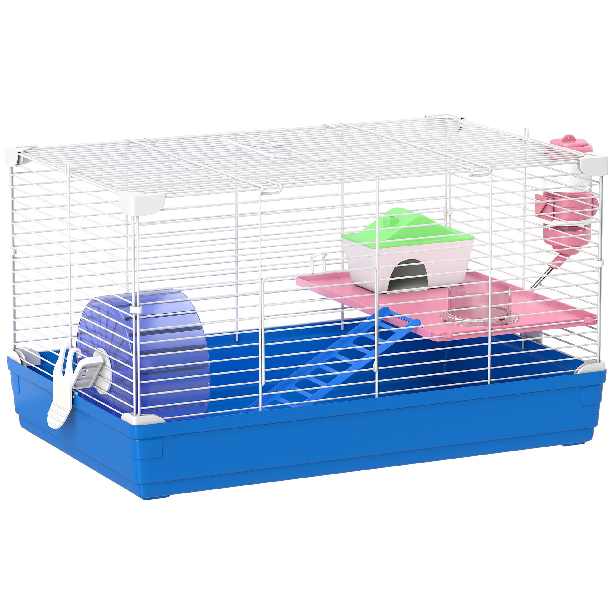 PawHut Cage hamster, cage rongeur à 2 niveaux, base amovible nettoyage facile, cabane, roue d'exercice, 47 x 30 x 27 cm, bleu