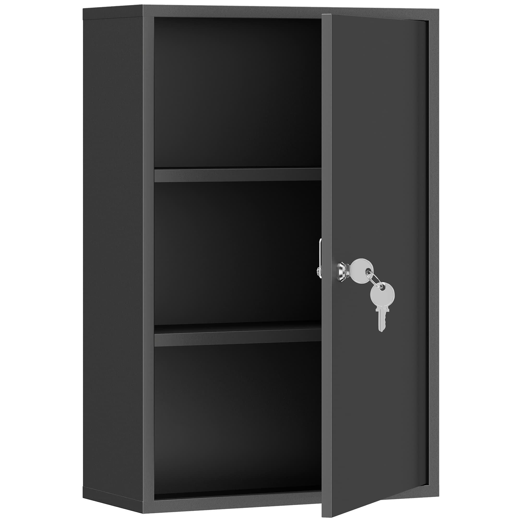 kleankin Armoire à Pharmacie 2 Étagères 3 Niveaux Verrouillable, Dim. 40L x 18l x 60H cm, 2 Clés, Métal, Noir