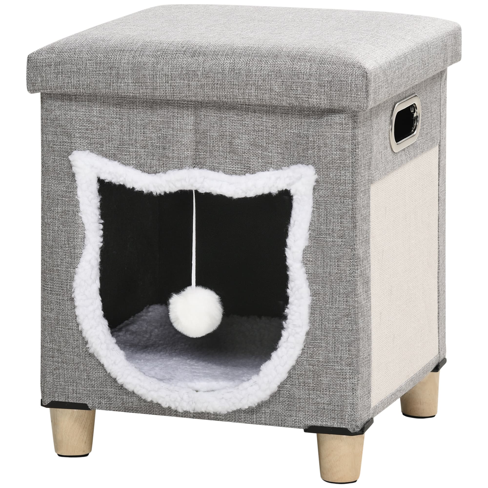 PawHut Niche chat interieur maison chat interieur 2 en 1 pied en bois coussin amovible lavable balle, 35,5x35,5x42,5cm, gris