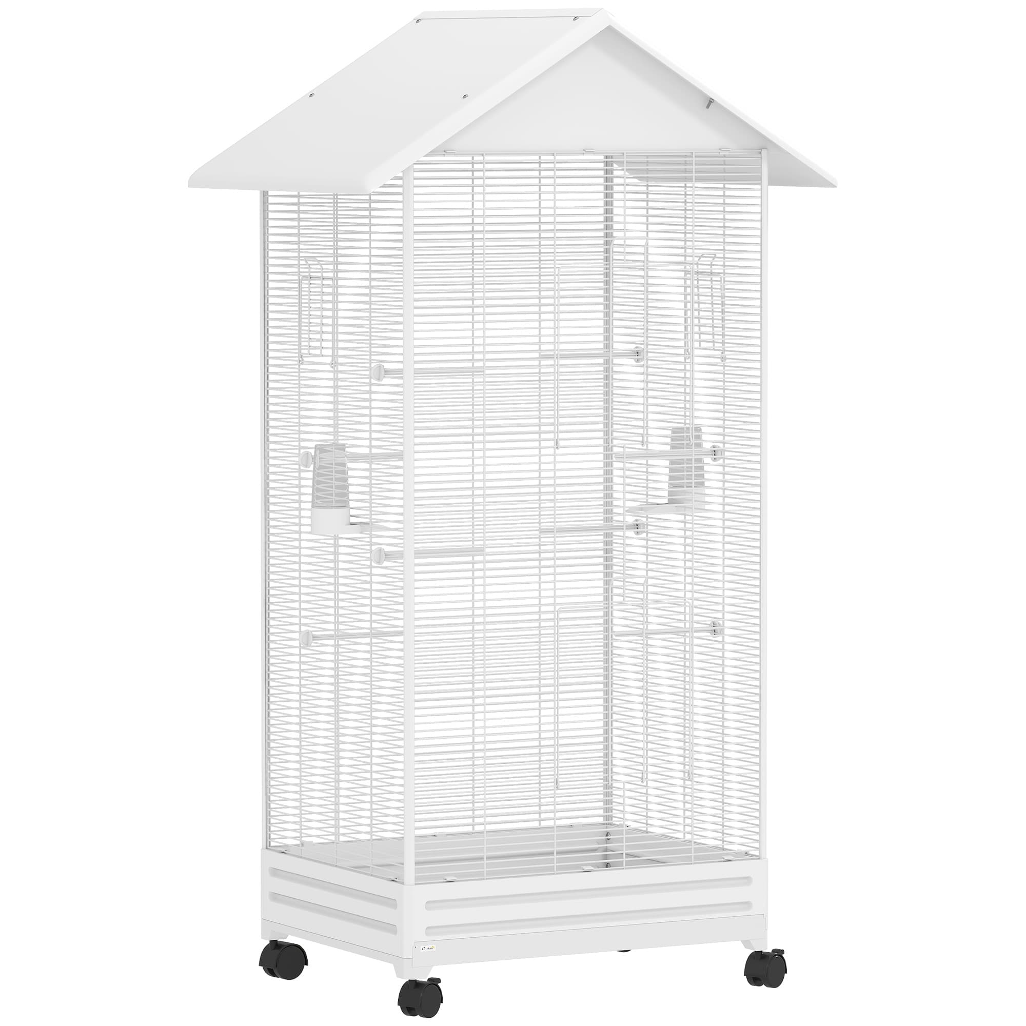 PawHut Cage oiseau sur pied volière oiseaux intérieure sur roulettes 2 mangeoires 8 perchoirs 79 x 65 x 155 cm fil d'acier blanc