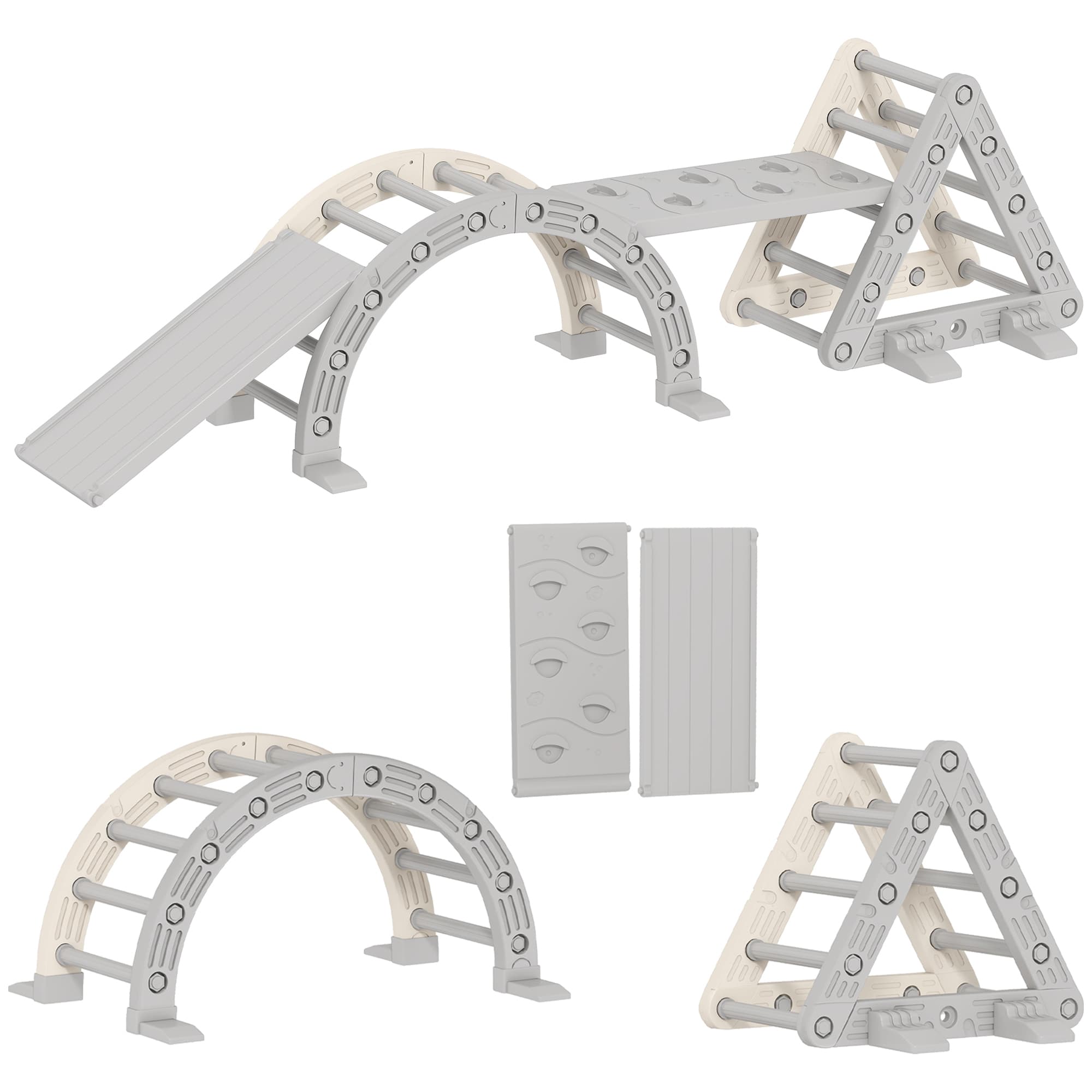 AIYAPLAY 8 en 1 Triangle escalade enfants, arc d'escalade, rampe double-face pour grimper & glisser, 279 x 80 x 69 cm, gris