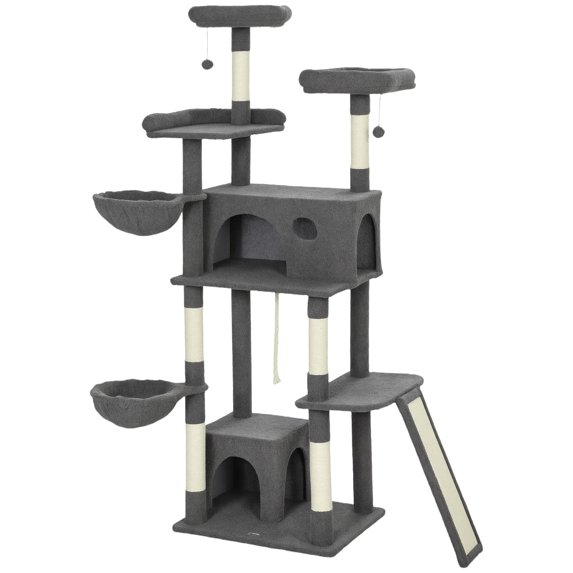PawHut Arbre à chat tour de jeux pour chat avec griffoir 3 lits 2 niches plateformes et 3 jouets suspendus hauteur 174 cm gris