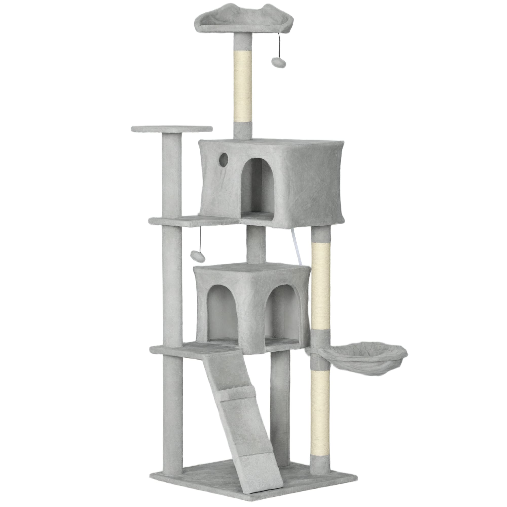 PawHut Arbre à chat tour de jeux pour chat, platesformes, niches, lit, hamac, échelle et griffoirs en sisal 56x56x180cm gris