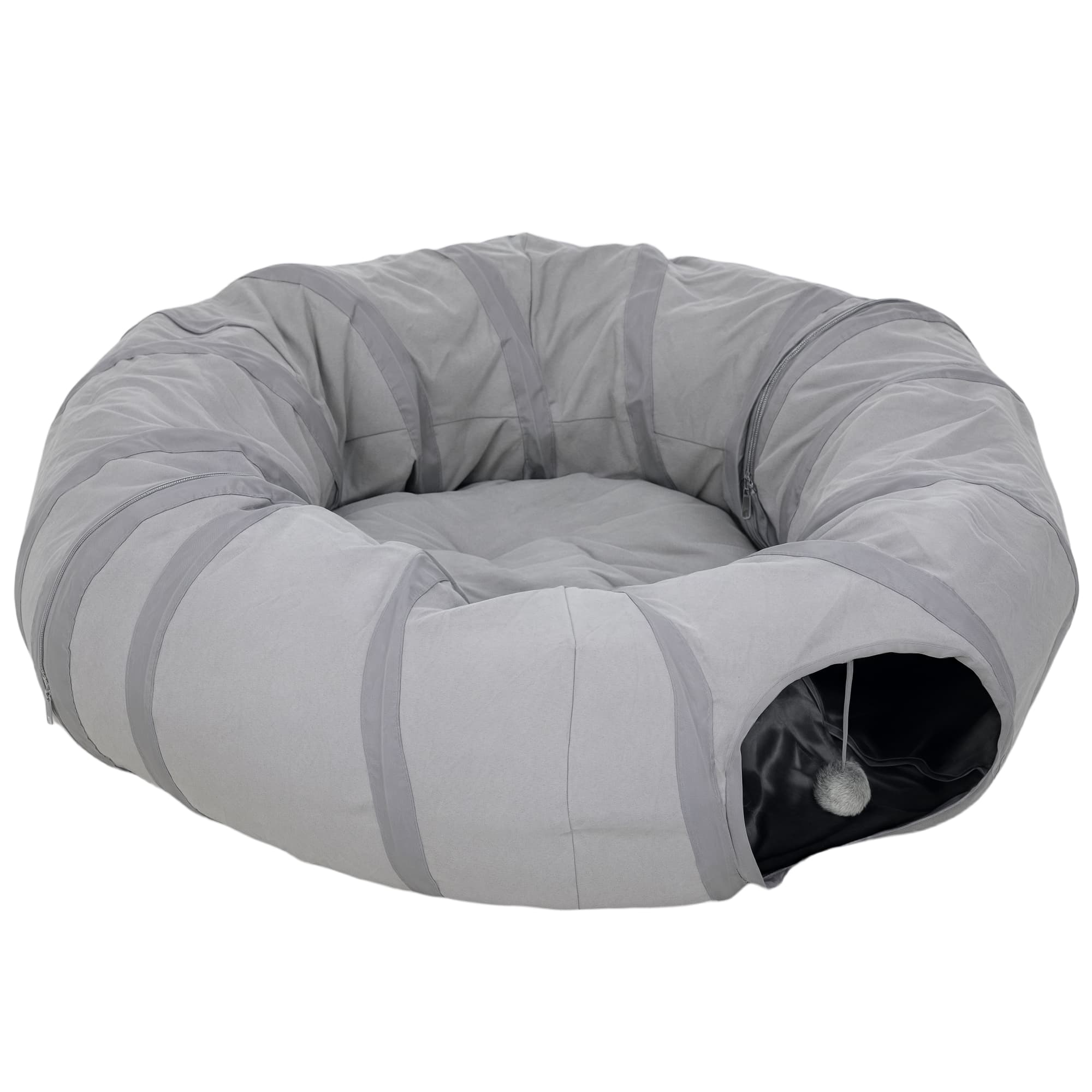 PawHut Tunnel pour chat intérieur rond tunnel avec lit et coussin, pliable, avec trous pour balles et judas, Ø 90 x 27 cm gris