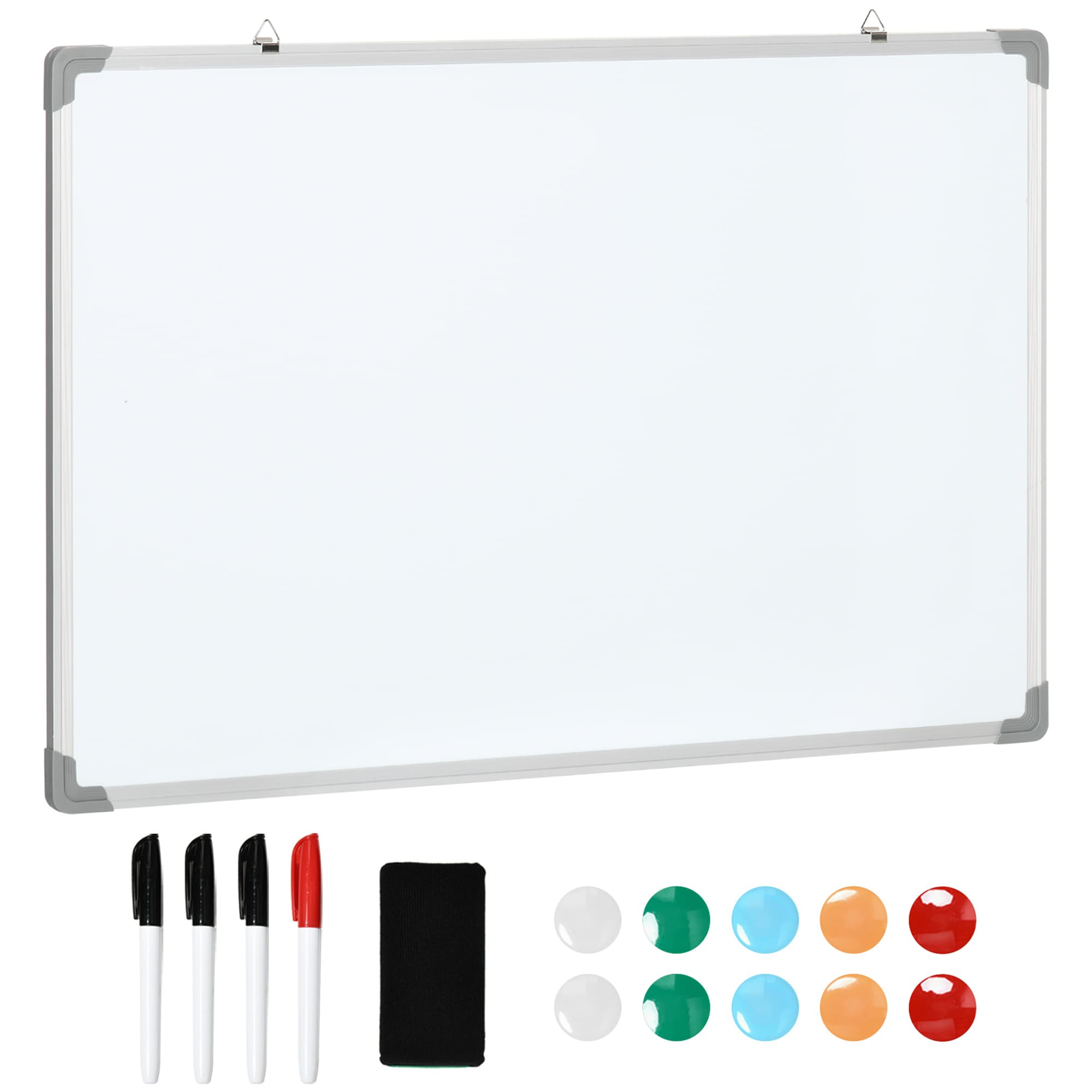 HOMCOM Tableau blanc magnétique mural cadre aluminium 90 x 60 cm avec 4 feutres, 1 effaceur et 10 aimants dim. 90l x 60H cm