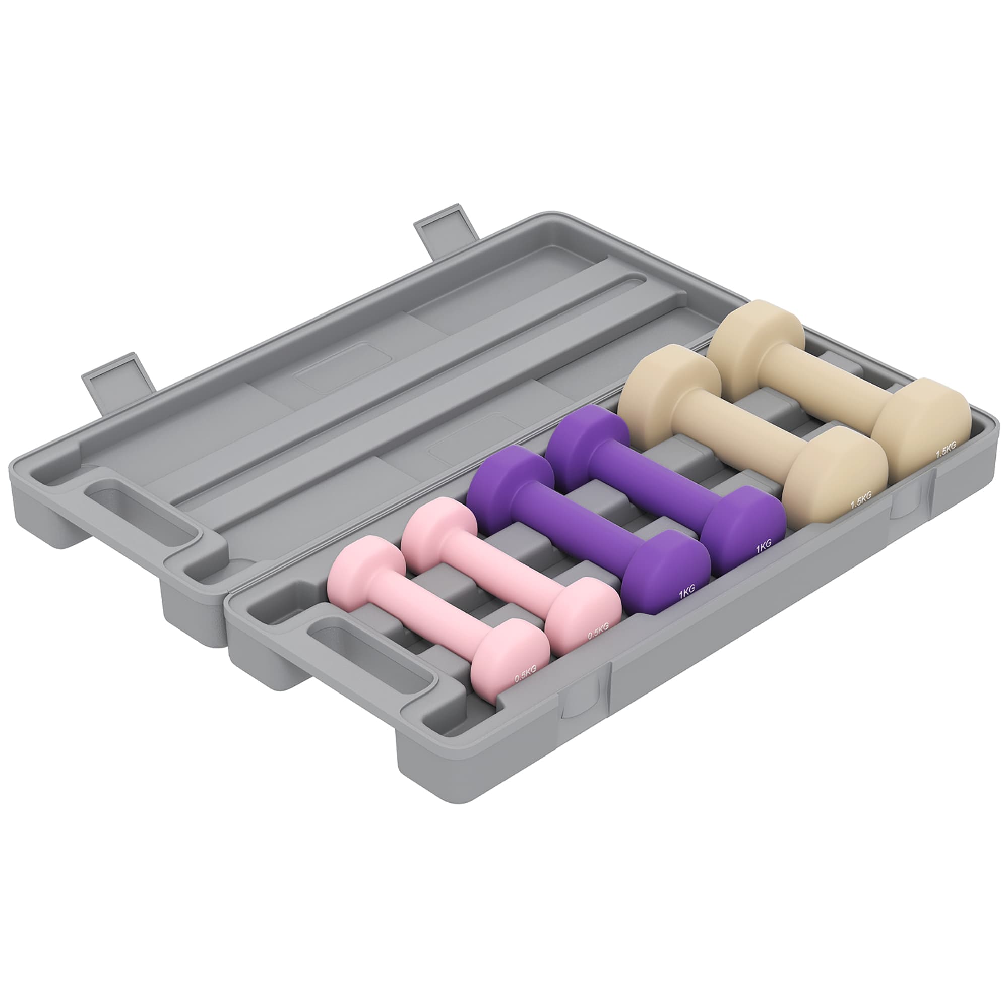 HOMCOM Ensemble d'haltères courtes multicolores total 6 kg avec mallette 6 haltères 0,5kg, 1kg, 1,5kg rose, violet, café