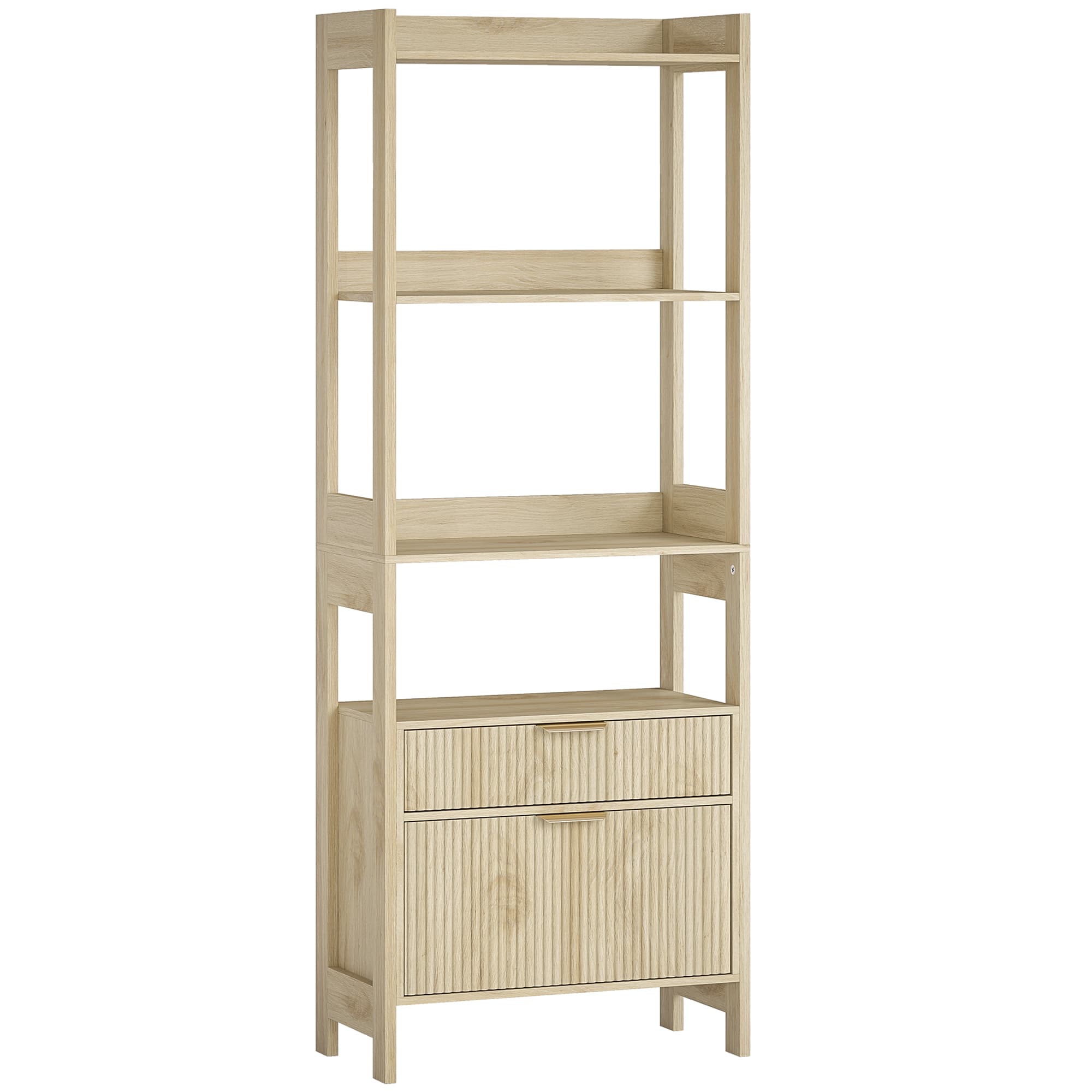 HOMCOM Bibliothèque haute, meuble de rangement avec 4 étagères ouvertes et 2 tiroirs cannelés, 60 x 30 x 160 cm, bois naturel