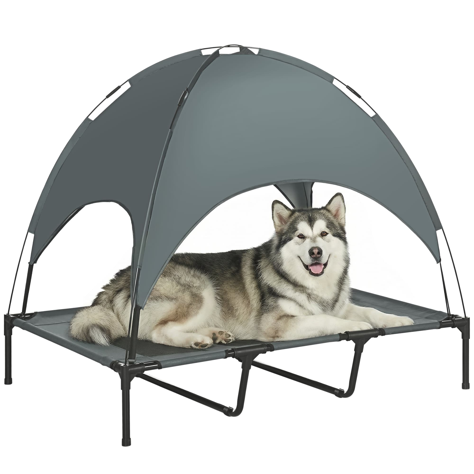 PawHut Lit pour chien chat sur pieds grand confort velum anti-UV tissu oxford micro-perforé + parasol + sac de transport inclus gris noir
