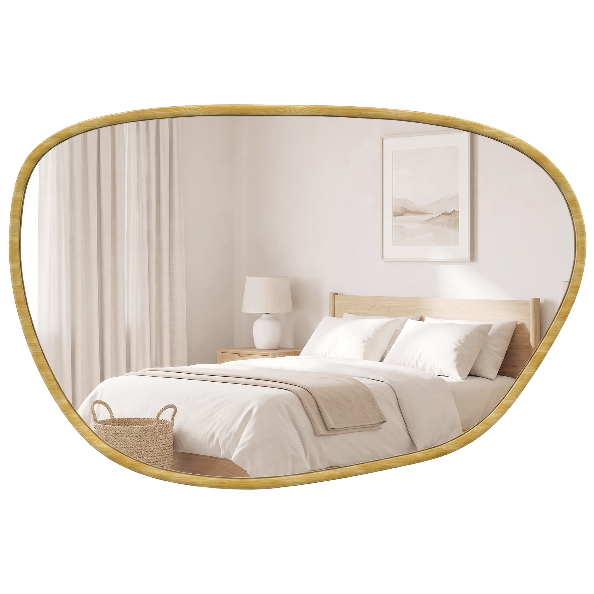 HOMCOM Miroir mural, miroir décoratif asymétrique 90x60cm en verre trempé pour salle de bain, chambre, salon, couloir, naturel