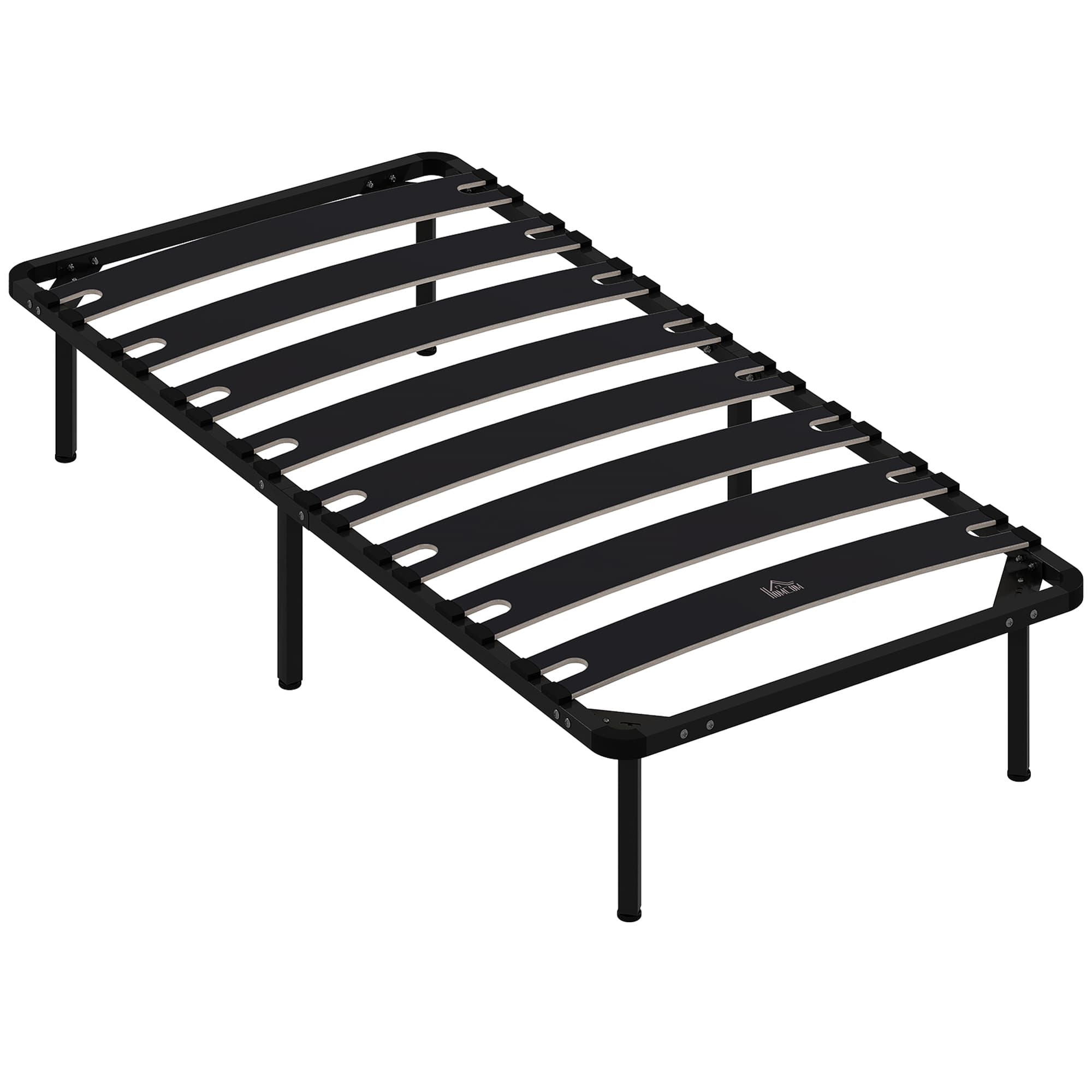 HOMCOM Cadre de lit 90 x 190 cm, lit simple avec sommier à lattes en bois massif et pied, avec rangement au-dessous, noir
