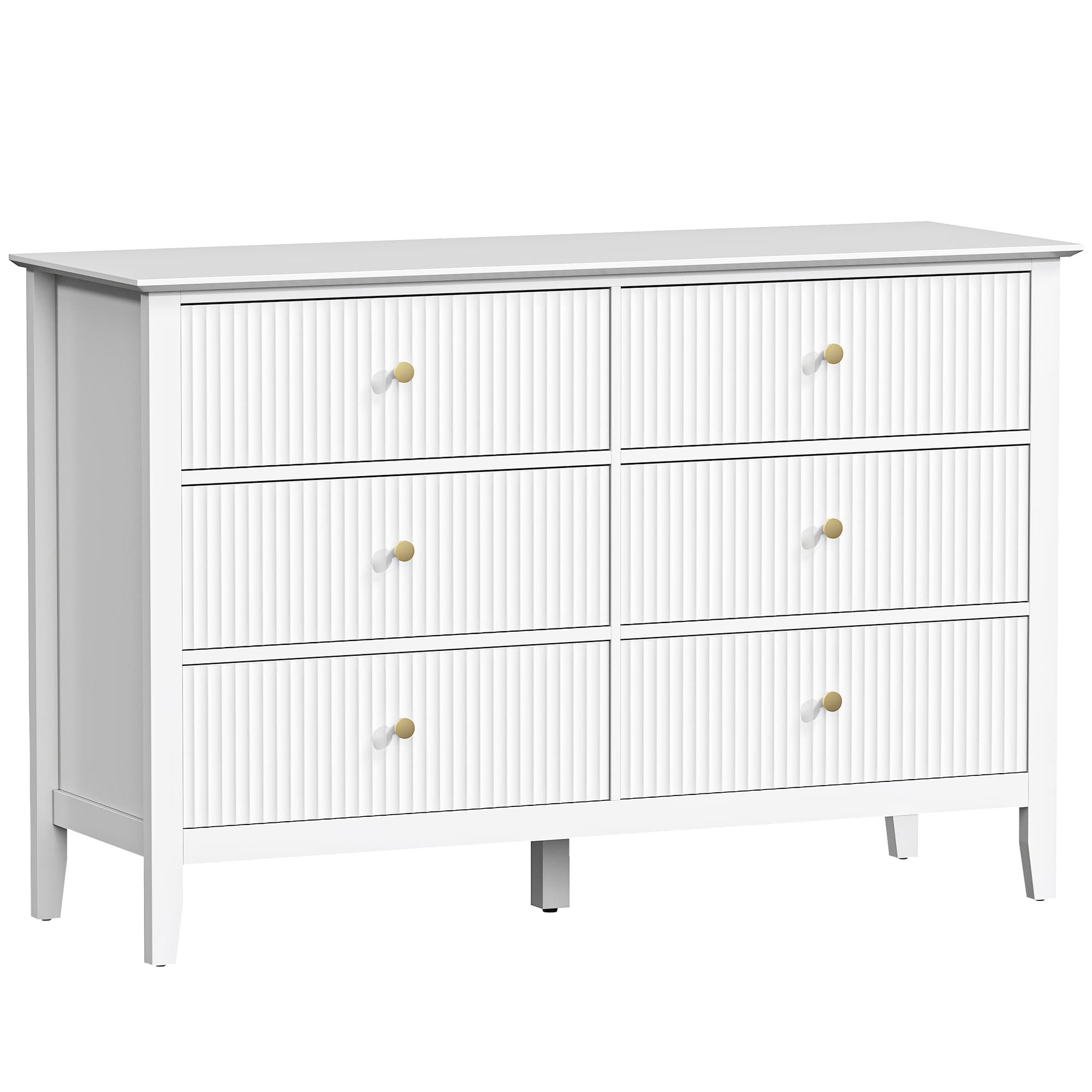 HOMCOM Commode cannelée 6 tiroirs, poignées et 5 pieds pour couloir salon entrée, Blanc