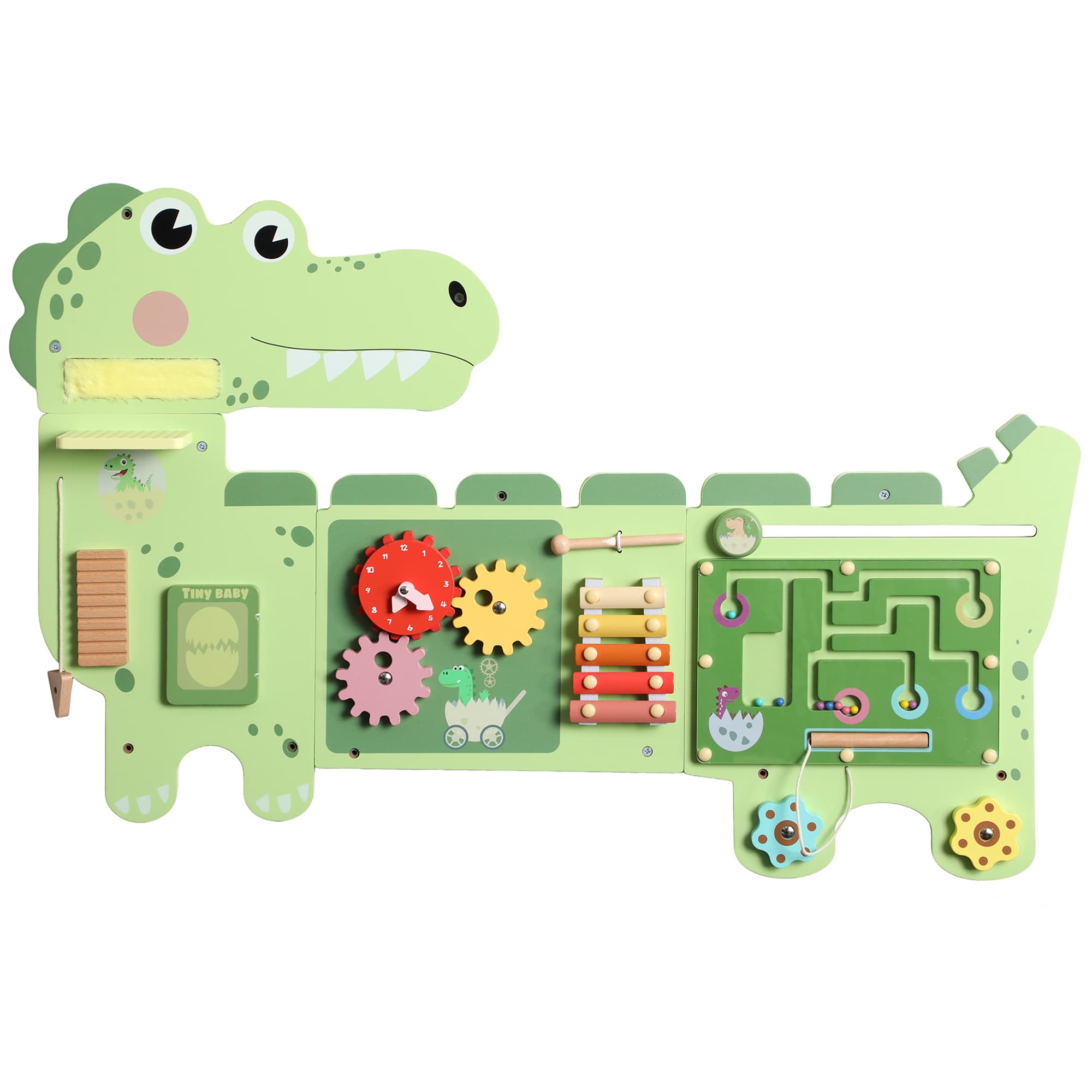 AIYAPLAY Busy Board Jouet, Tableau d'Activités Murale Dinosaure, Planche Motricité Bébé Educatif pour Garcon Fille 2+ Ans, Vert